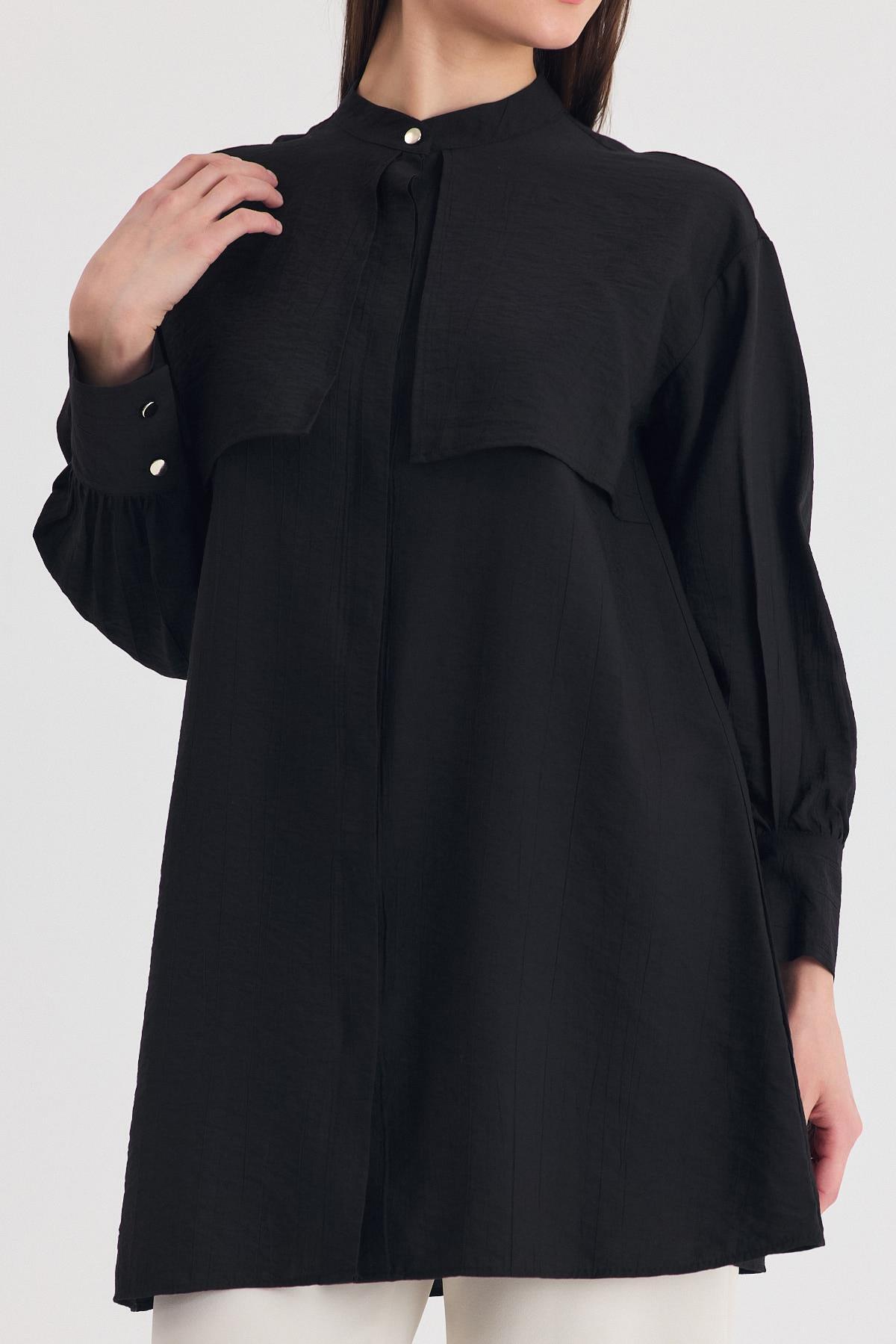 Siyah Parça Detaylı İp Bağcıklı Gömlek 4553A - 4