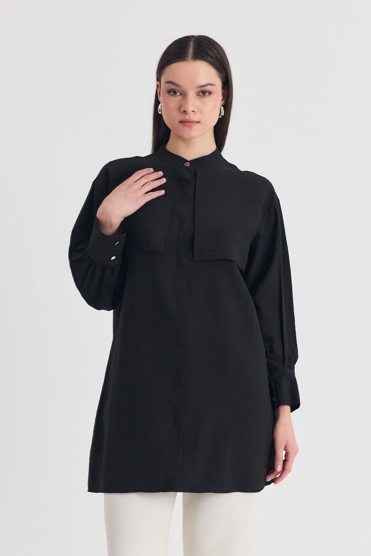 Siyah Parça Detaylı İp Bağcıklı Gömlek 4553A 