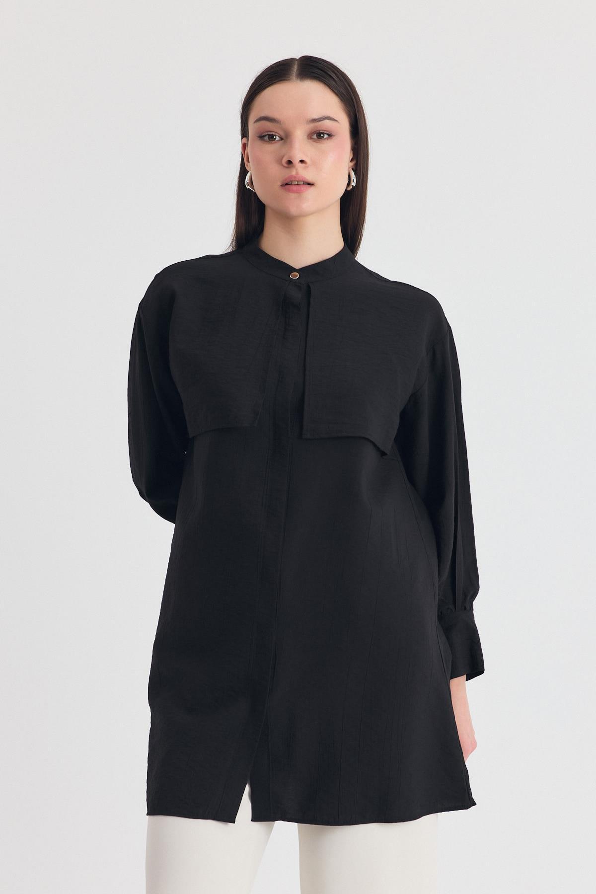 Siyah Parça Detaylı İp Bağcıklı Gömlek 4553A - 3