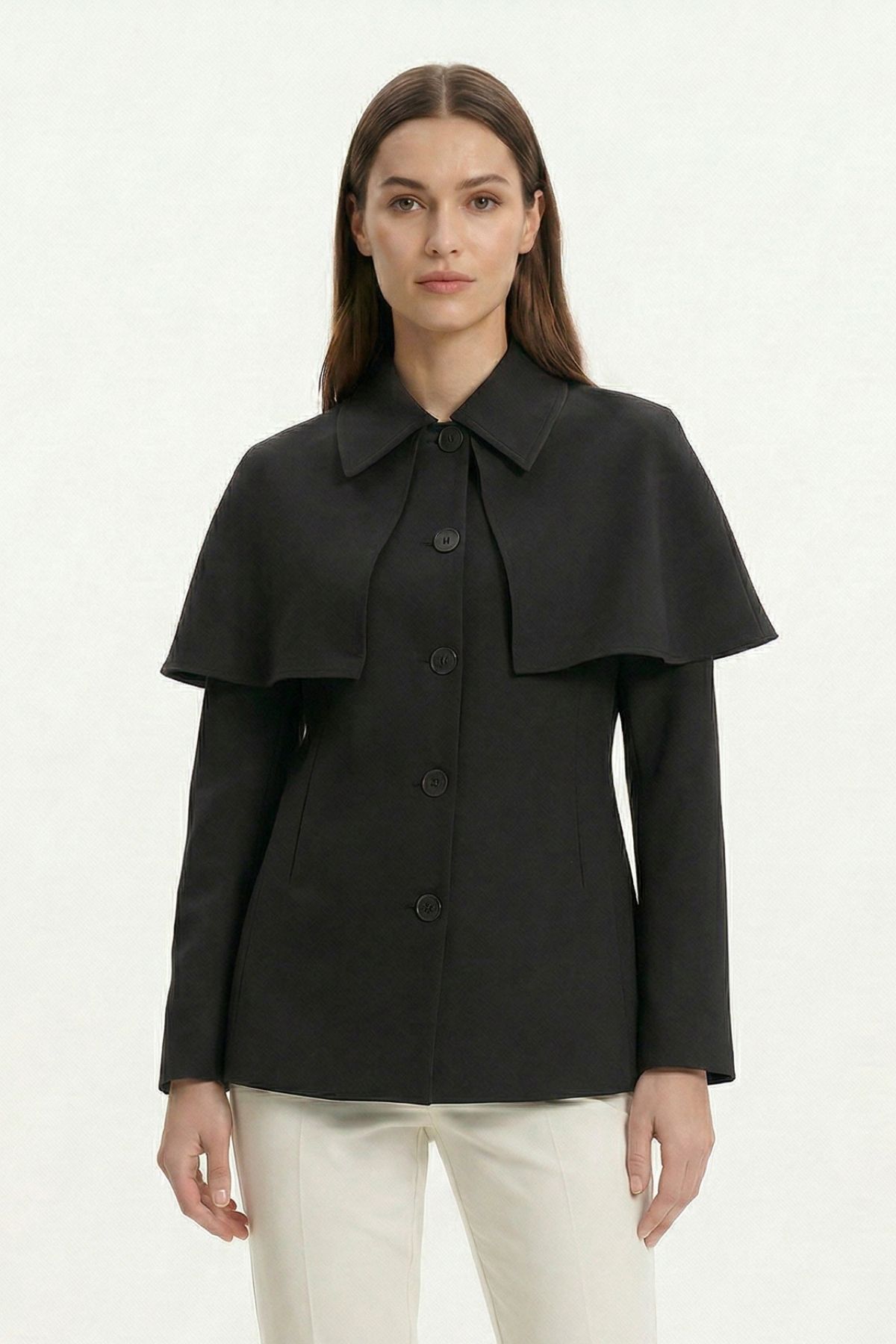 Siyah Pelerin Detay Düğmeli Ceket 7687 - 2