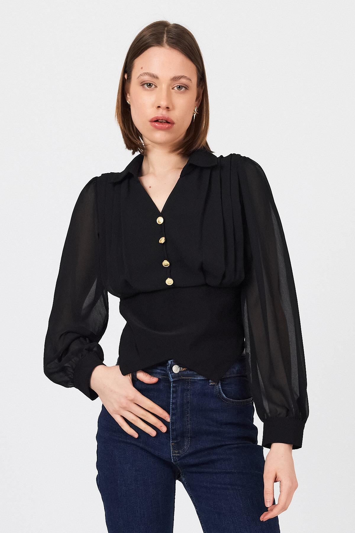 Siyah Pileli Gömlek Yaka Düğmeli Bluz 9471 - RAYS