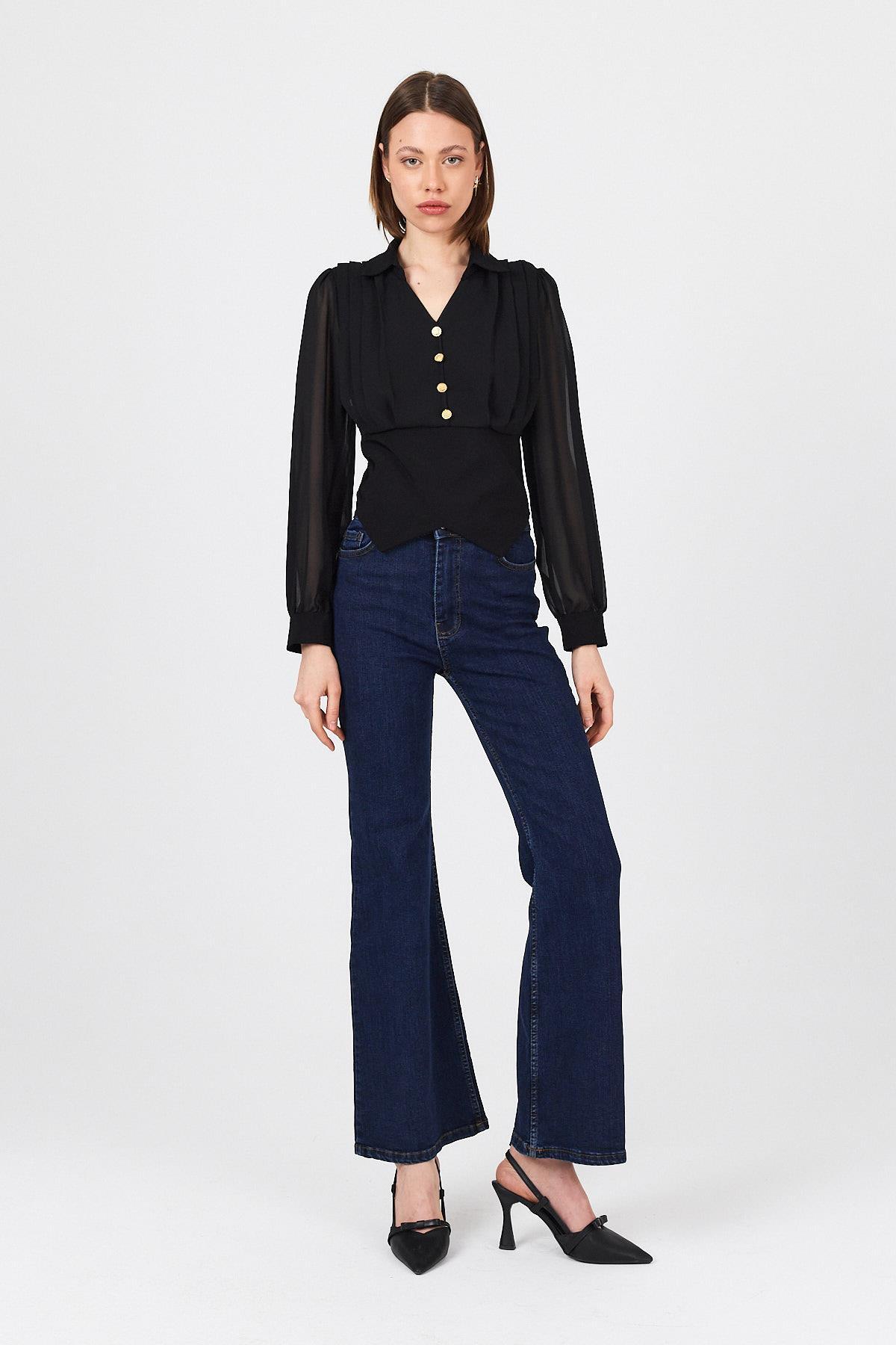 Siyah Pileli Gömlek Yaka Düğmeli Bluz 9471 - RAYS