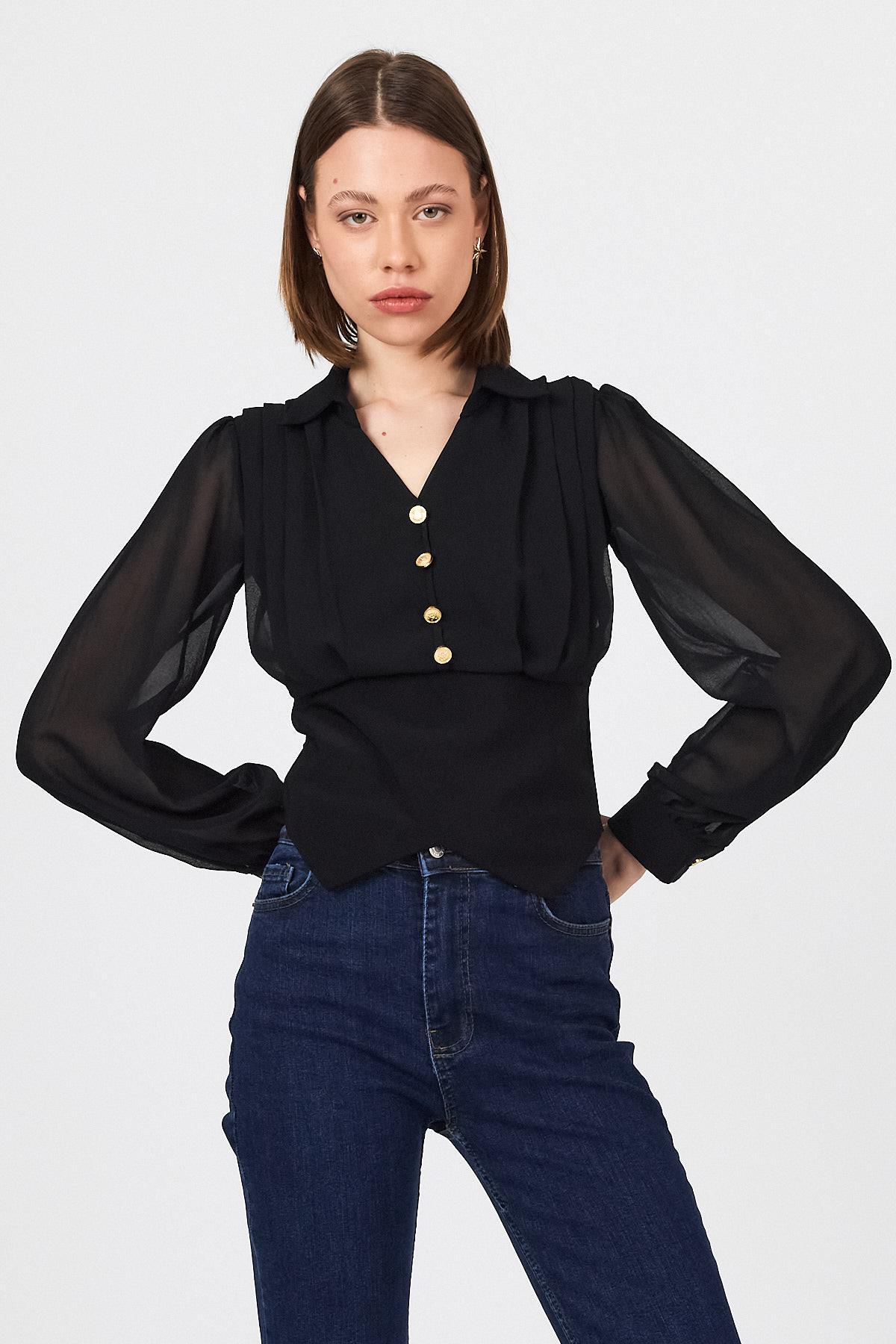 Siyah Pileli Gömlek Yaka Düğmeli Bluz 9471 