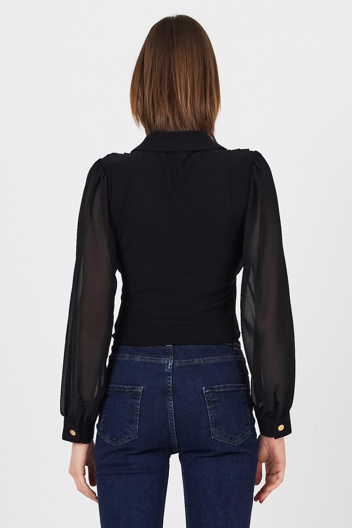 Siyah Pileli Gömlek Yaka Düğmeli Bluz 9471 - 5