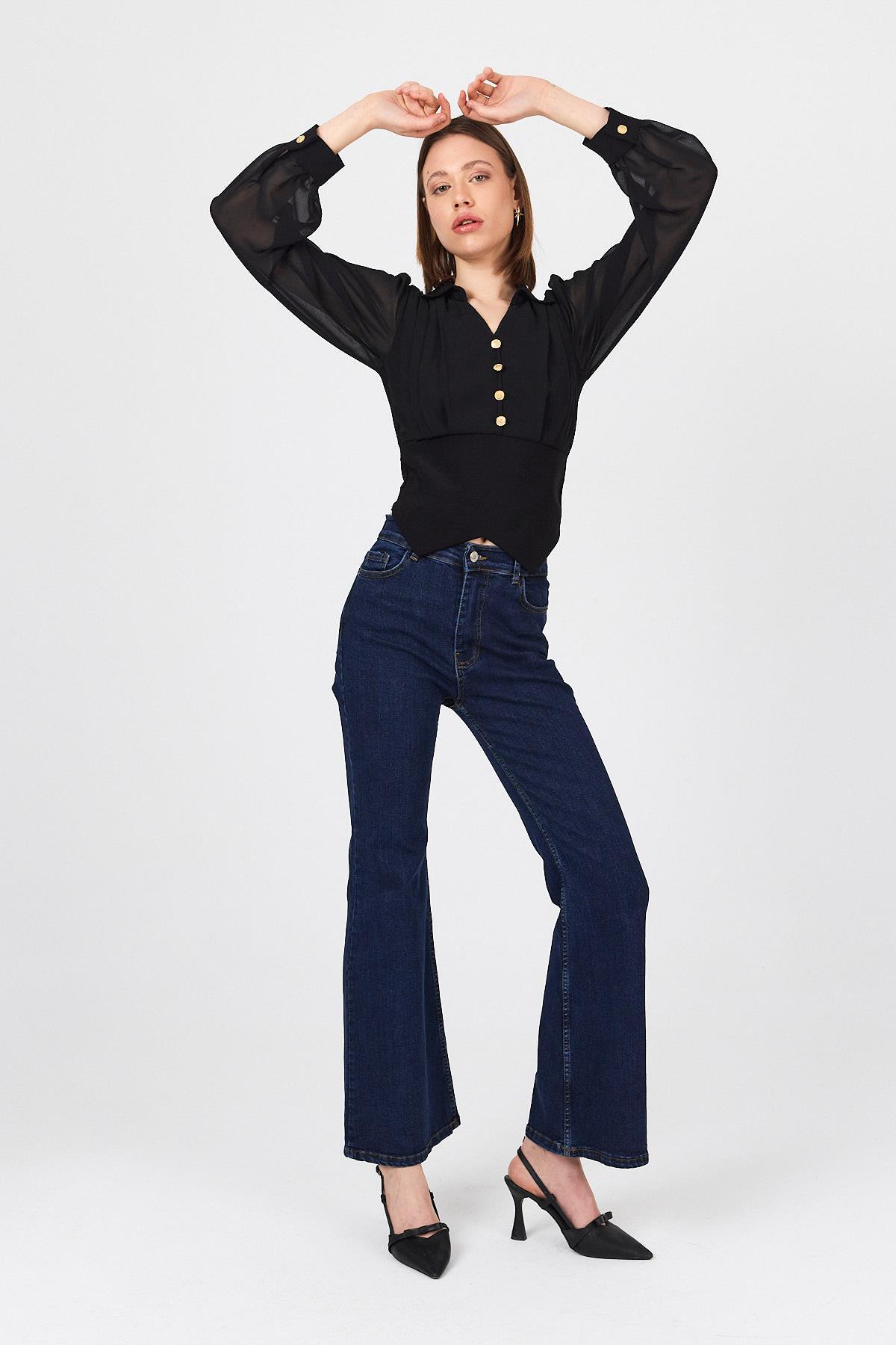 Siyah Pileli Gömlek Yaka Düğmeli Bluz 9471 - 7