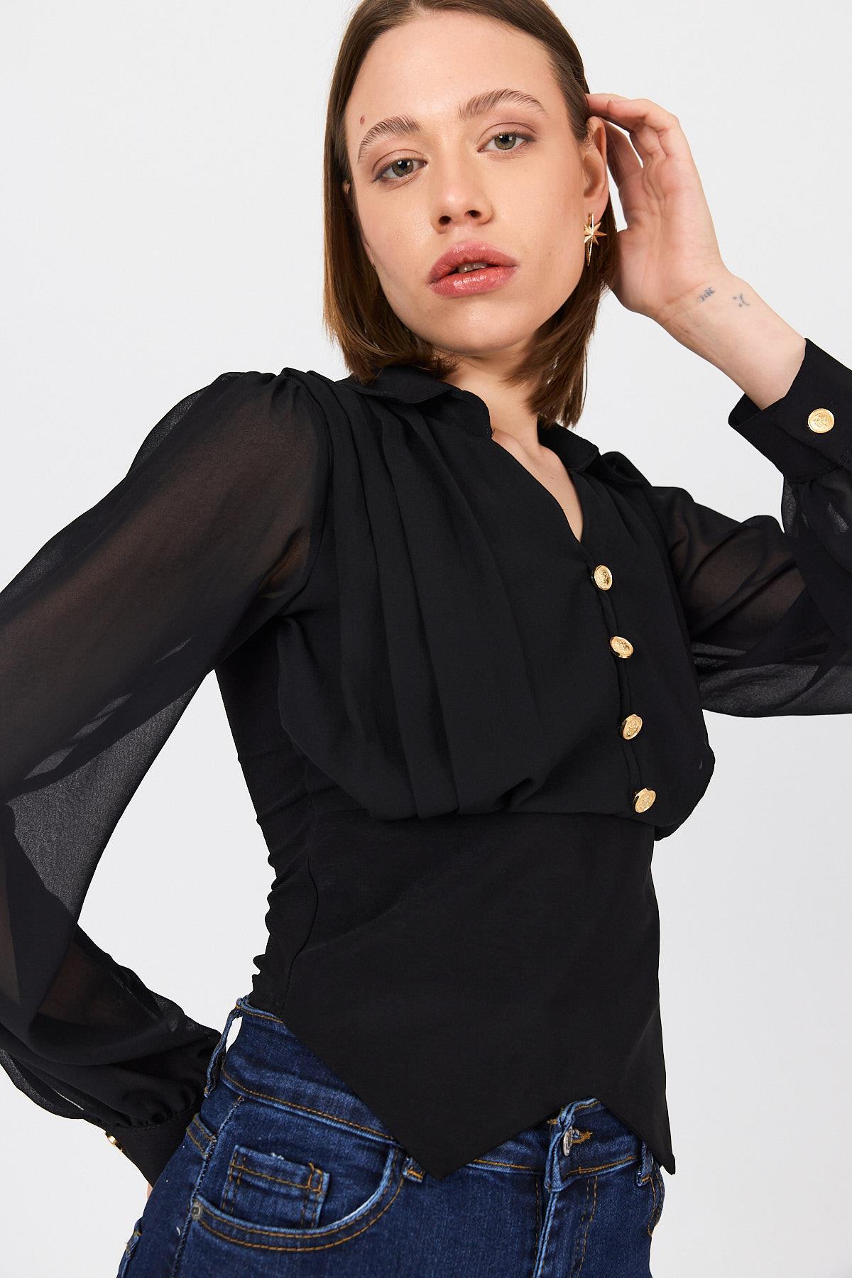 Siyah Pileli Gömlek Yaka Düğmeli Bluz 9471 - 4