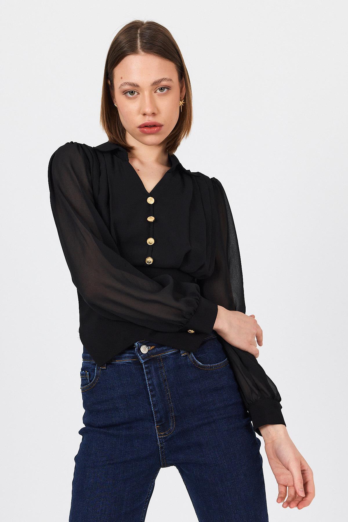 Siyah Pileli Gömlek Yaka Düğmeli Bluz 9471 - 6