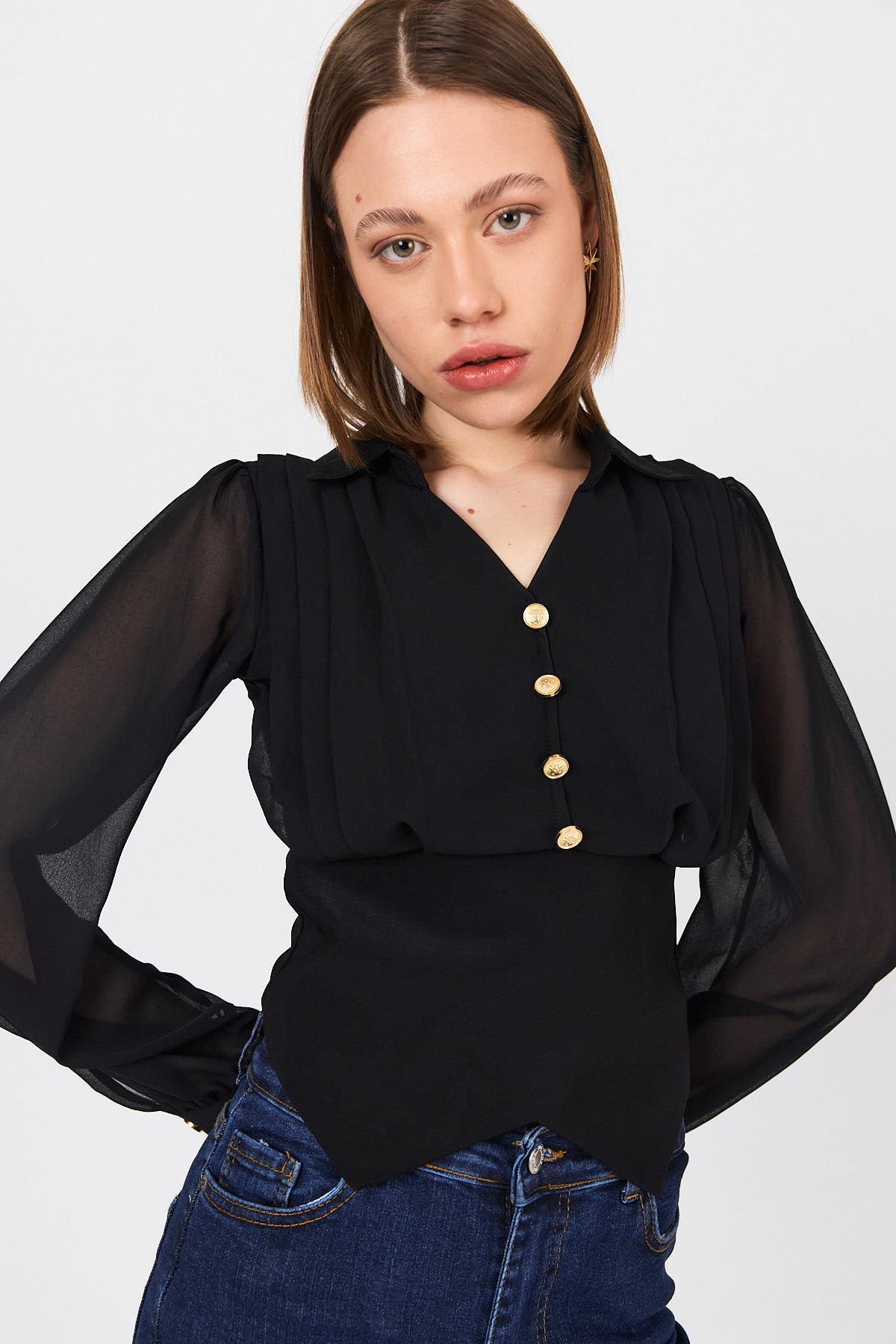 Siyah Pileli Gömlek Yaka Düğmeli Bluz 9471 - 8