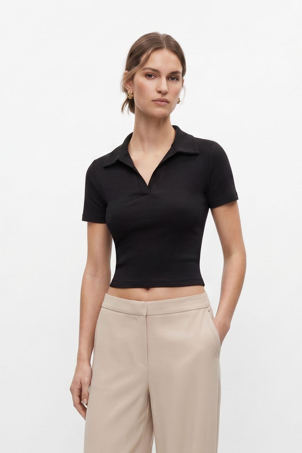 Siyah Polo Yaka Kısa Kol Crop Tişört 1024 - RAYS