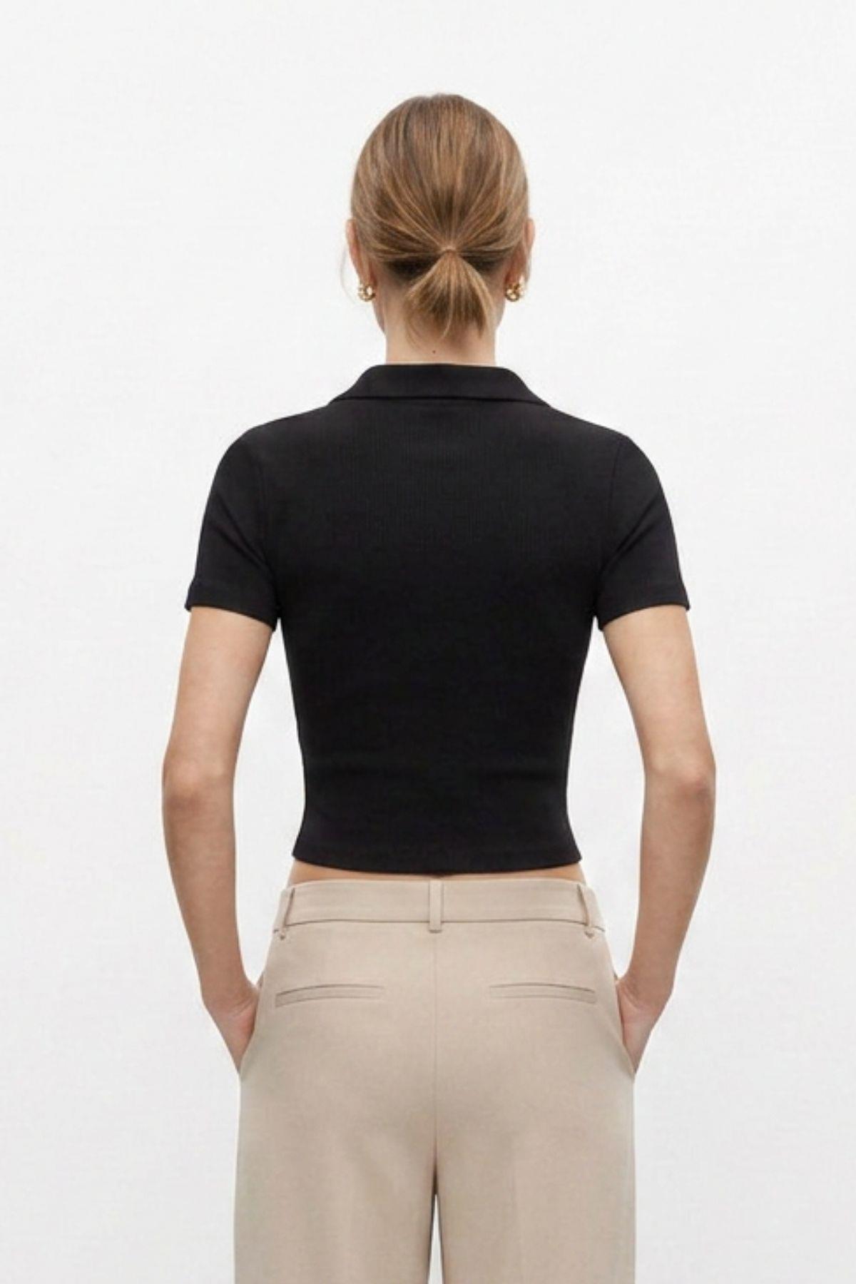 Siyah Polo Yaka Kısa Kol Crop Tişört 1024 - RAYS