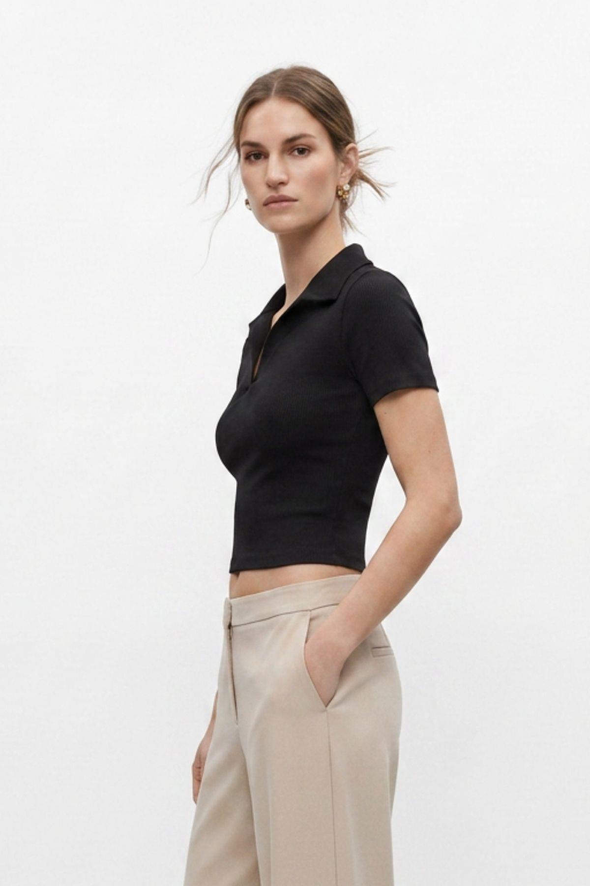Polo Yaka Kısa Kol Crop Tişört 1024 Siyah - RAYS