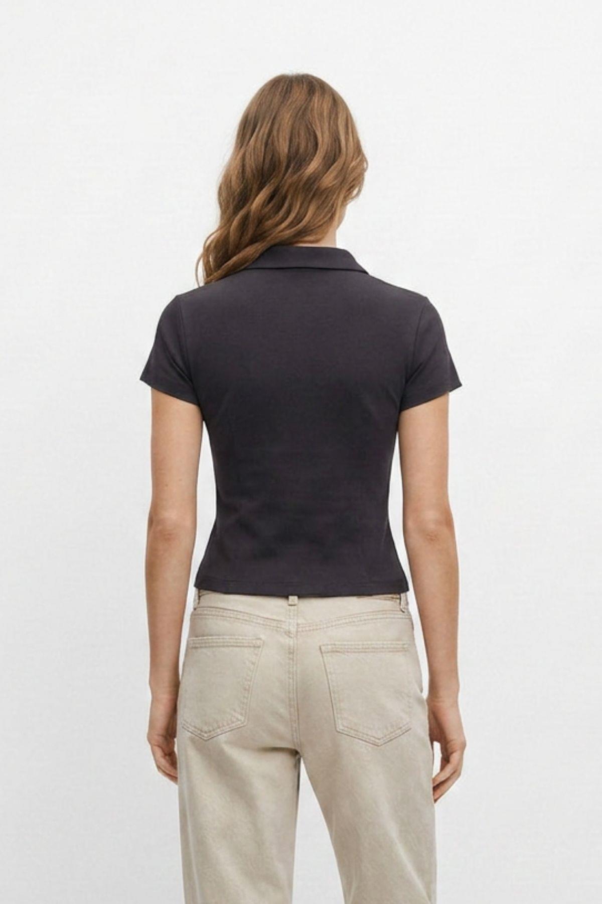 Polo Yaka Kısa Kol Crop Tişört 26651 Siyah - RAYS