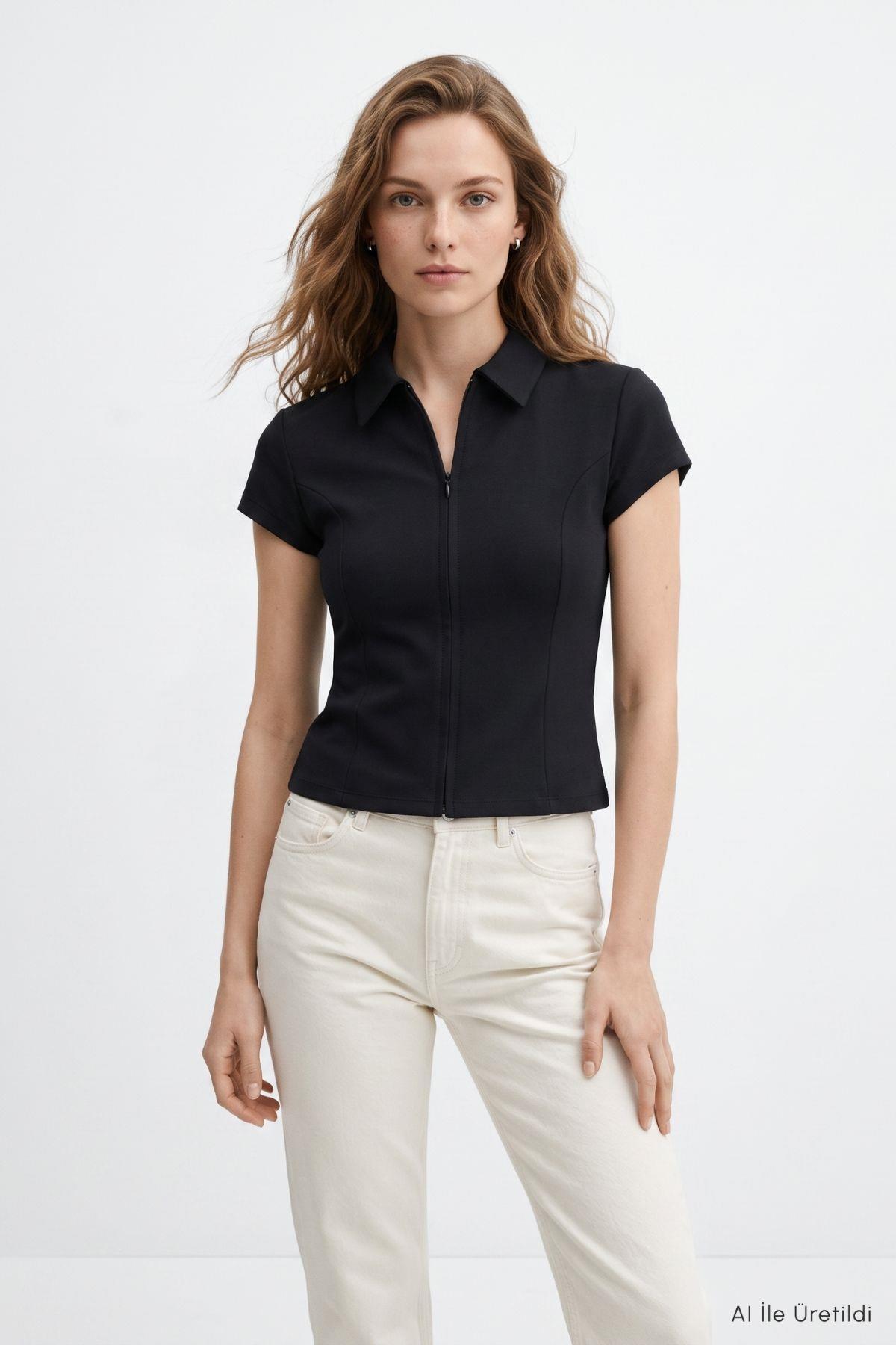 Polo Yaka Kısa Kol Crop Tişört 26651 Siyah - RAYS