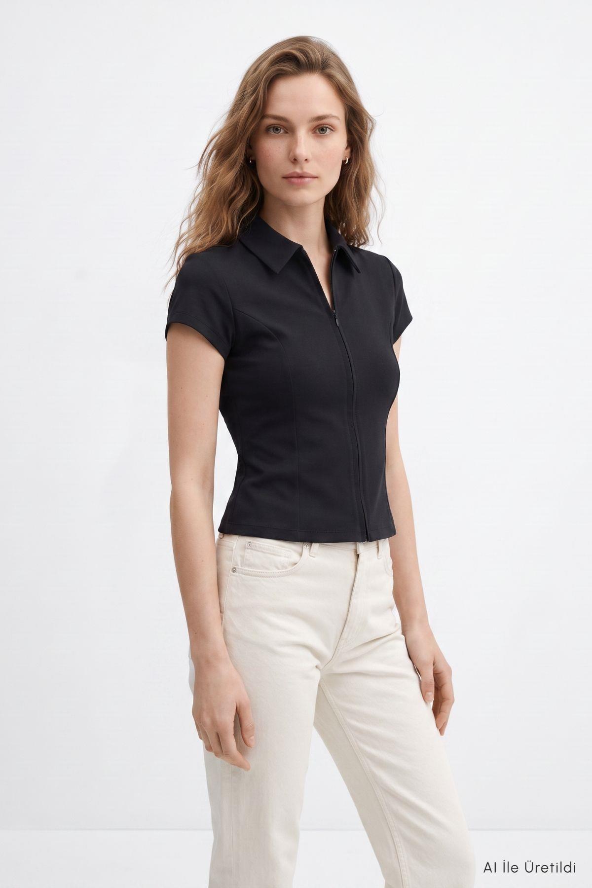 Polo Yaka Kısa Kol Crop Tişört 26651 Siyah - RAYS
