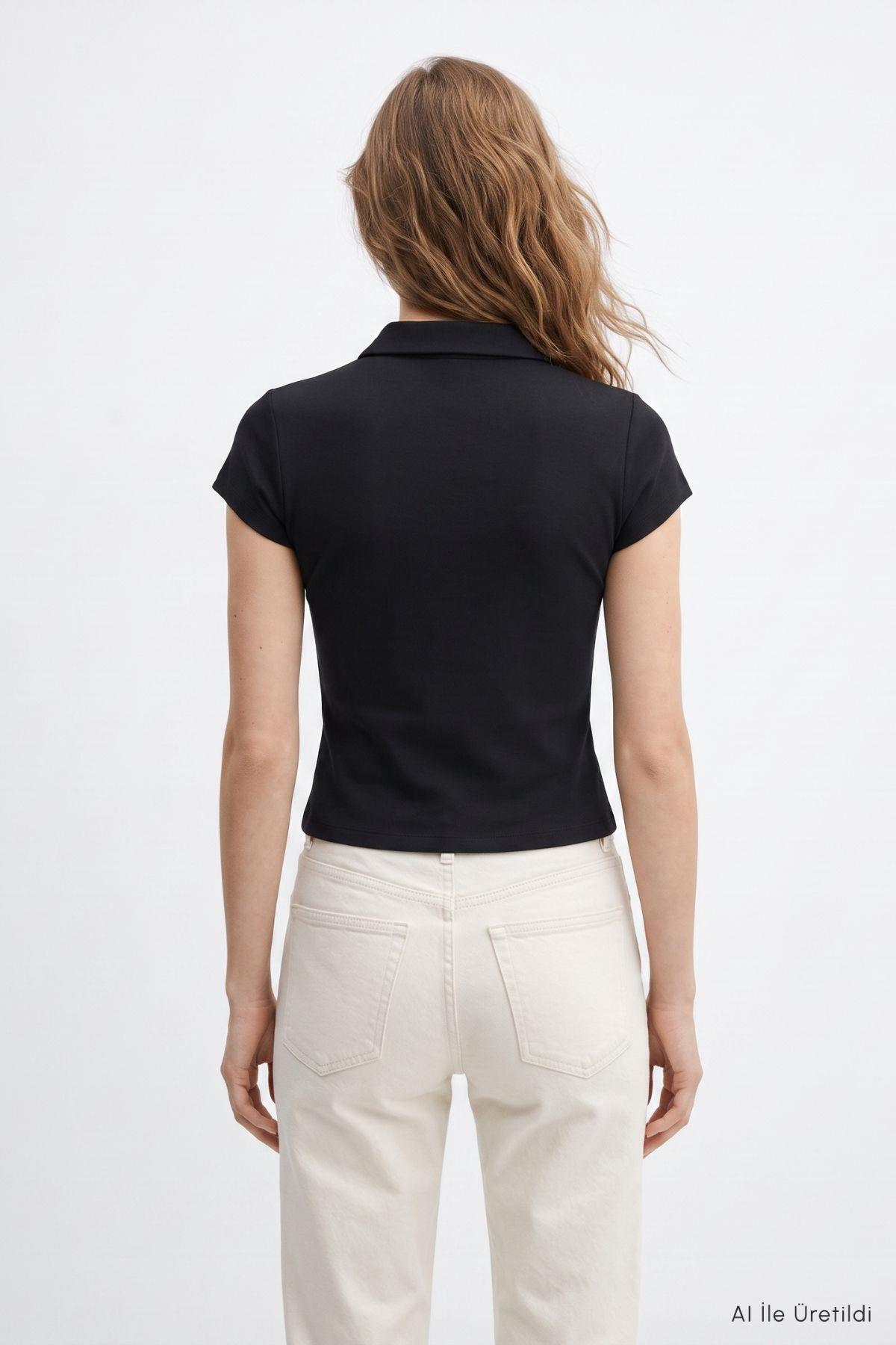 Polo Yaka Kısa Kol Crop Tişört 26651 Siyah - RAYS