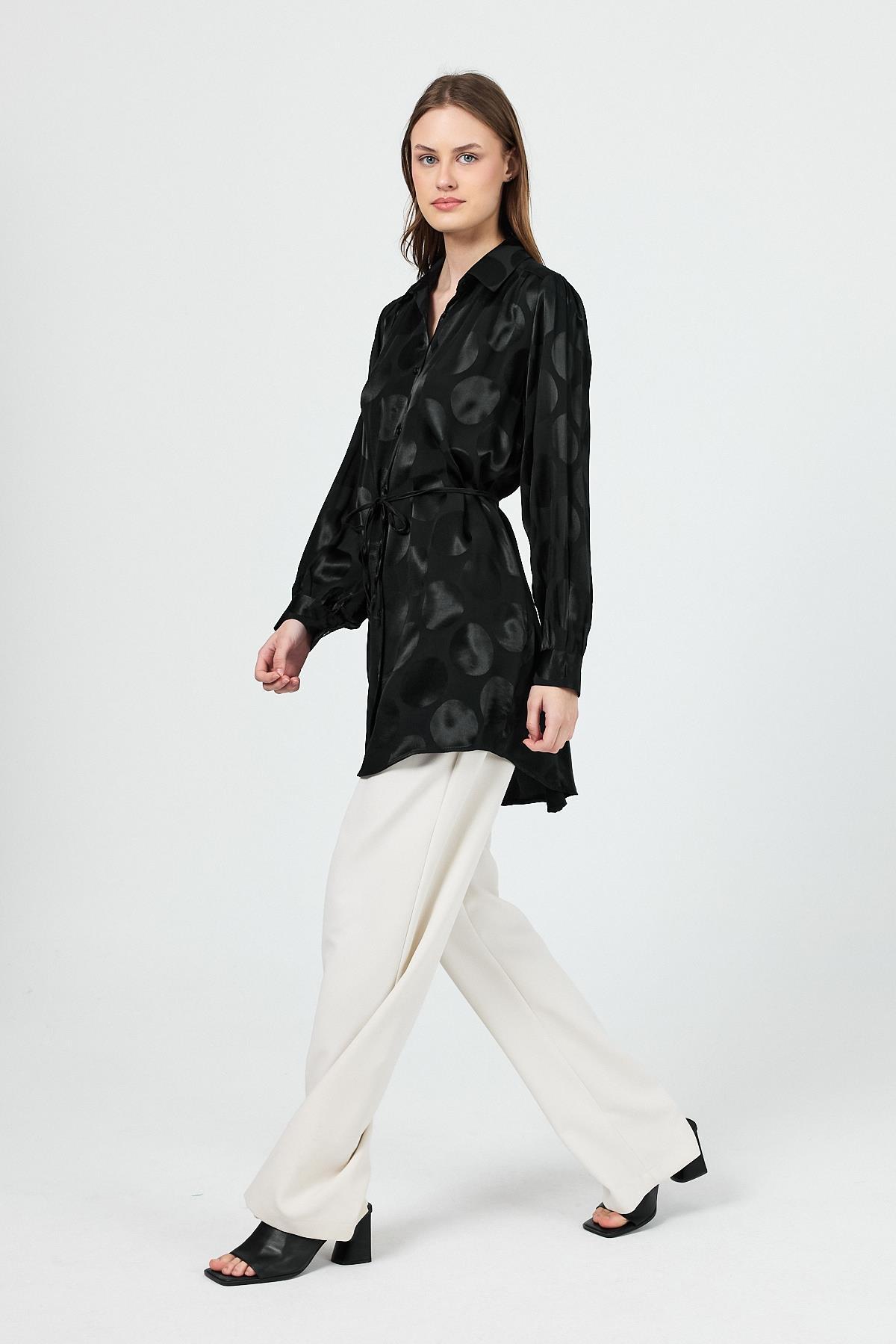 Siyah Puantiye Desen İp Bağlama Detaylı Tunik 4690A - 7