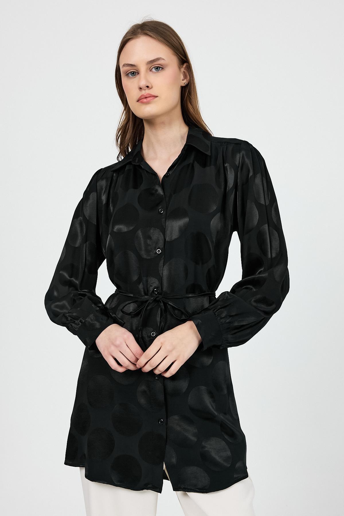 Siyah Puantiye Desen İp Bağlama Detaylı Tunik 4690A - 1