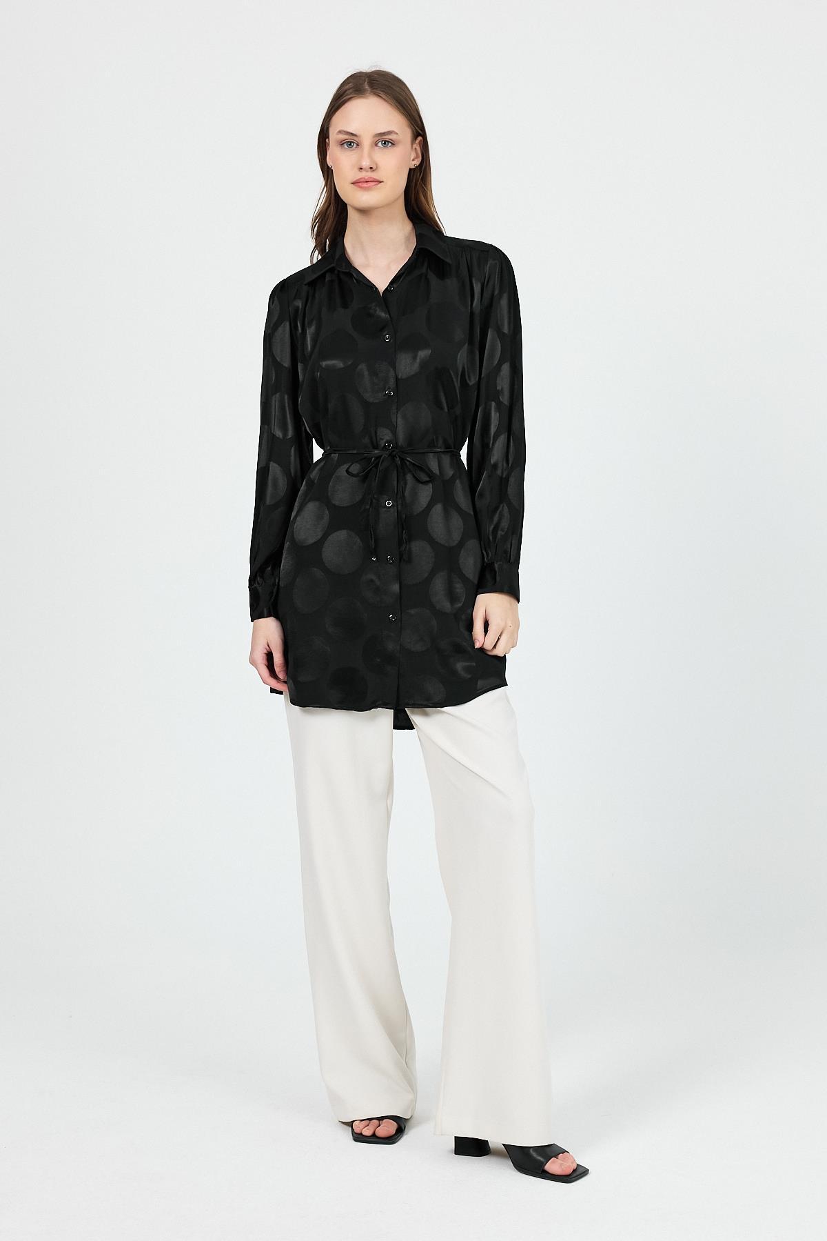 Siyah Puantiye Desen İp Bağlama Detaylı Tunik 4690A - 2