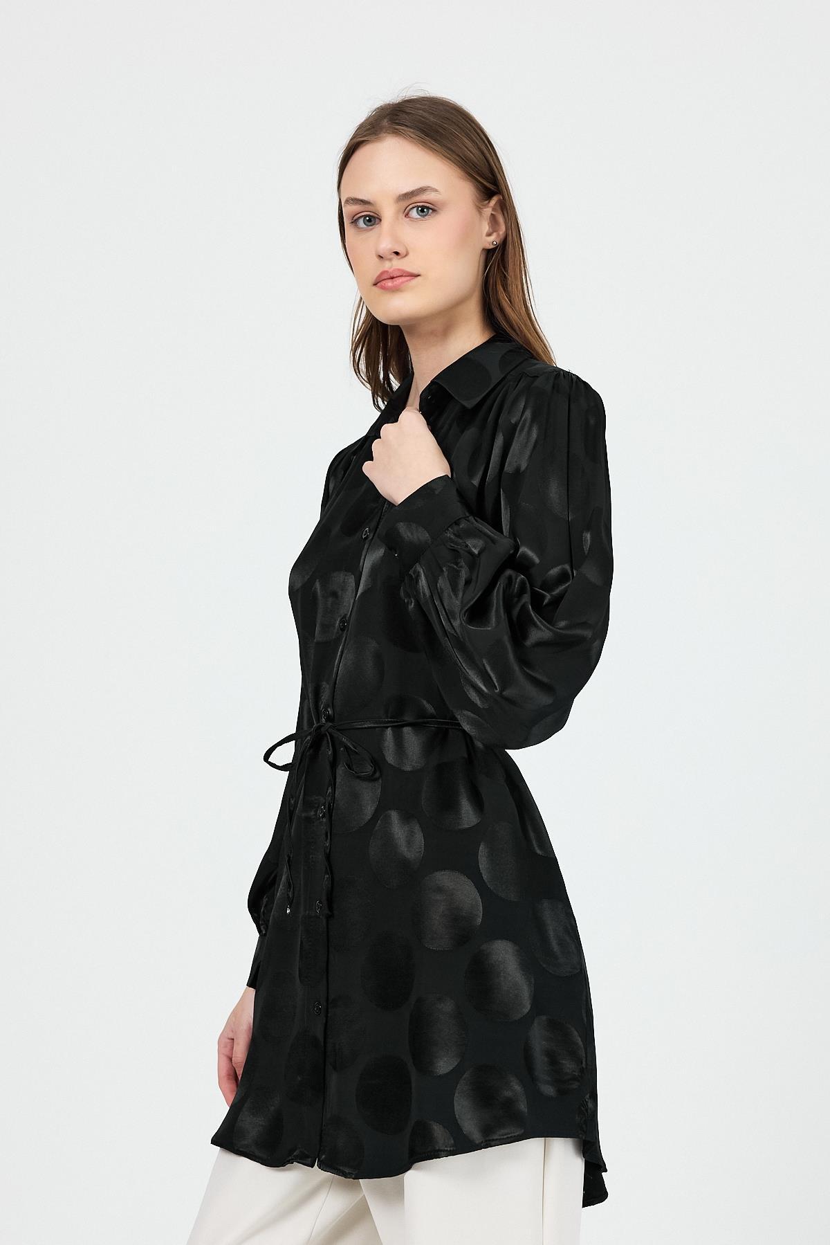 Siyah Puantiye Desen İp Bağlama Detaylı Tunik 4690A - 3