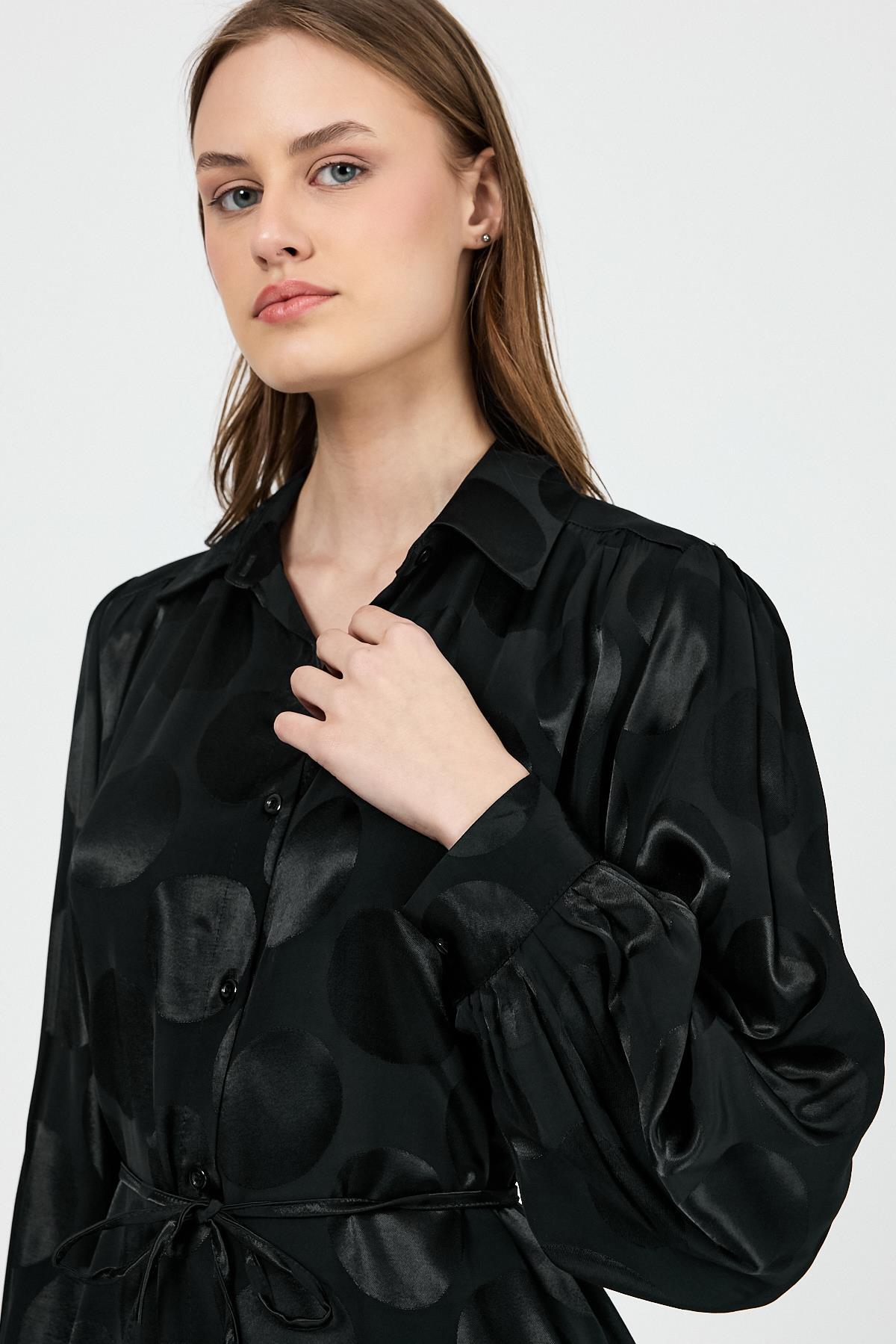 Siyah Puantiye Desen İp Bağlama Detaylı Tunik 4690A - 4