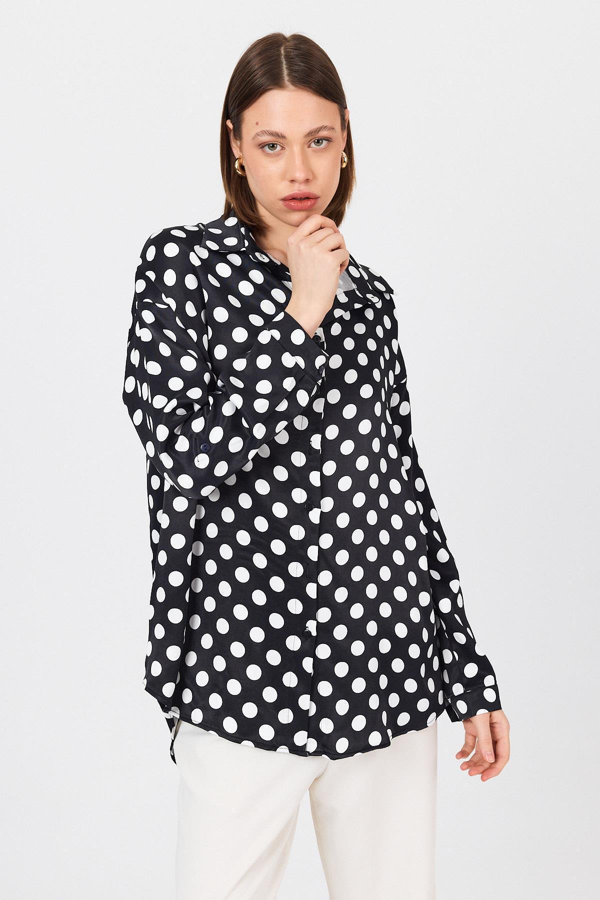 Siyah Puantiye Desen Oversize Saten Gömlek 9411 - 1