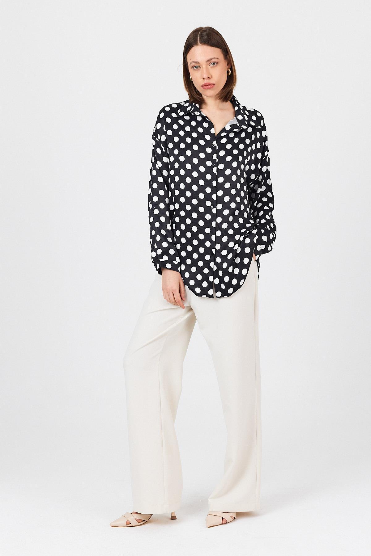 Siyah Puantiye Desen Oversize Saten Gömlek 9411 - 6