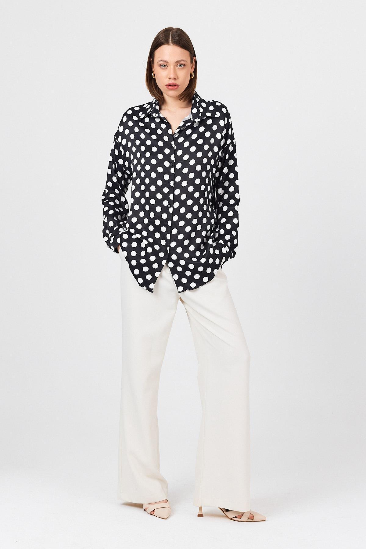 Siyah Puantiye Desen Oversize Saten Gömlek 9411 - 8