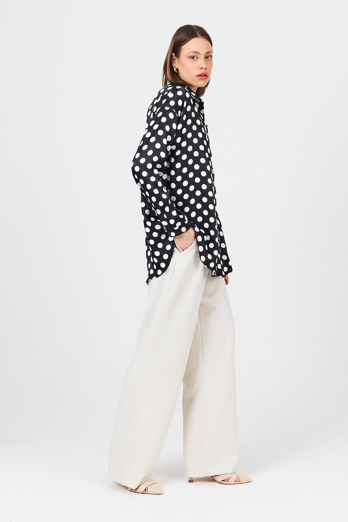 Siyah Puantiye Desen Oversize Saten Gömlek 9411 - 7