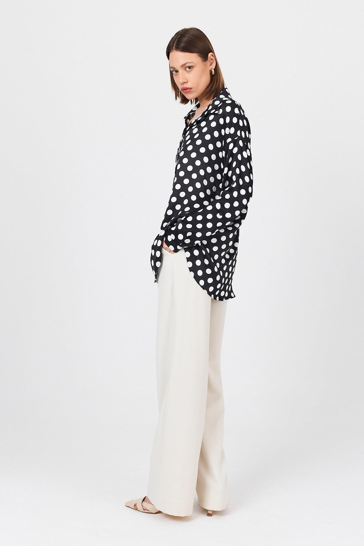 Siyah Puantiye Desen Oversize Saten Gömlek 9411 - 2