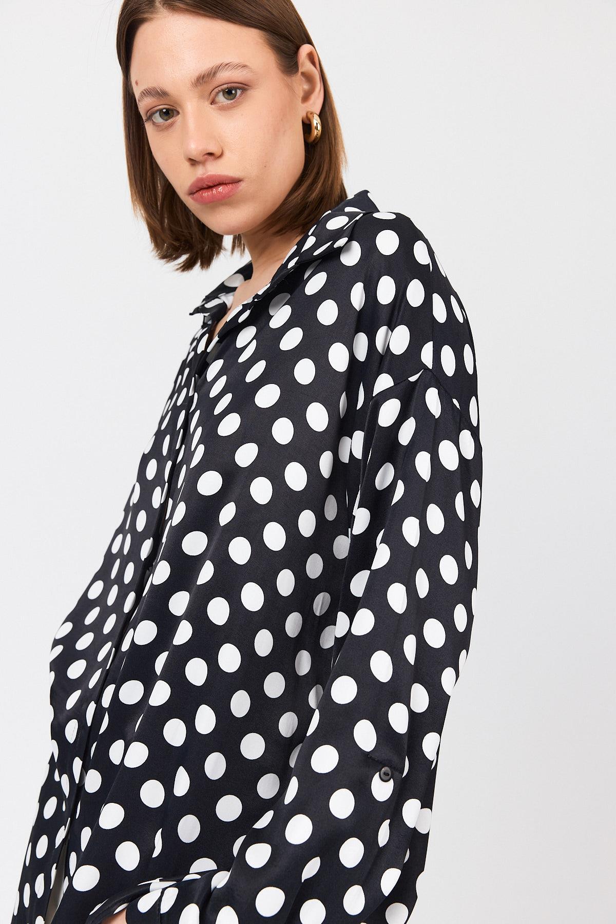 Siyah Puantiye Desen Oversize Saten Gömlek 9411 - 4