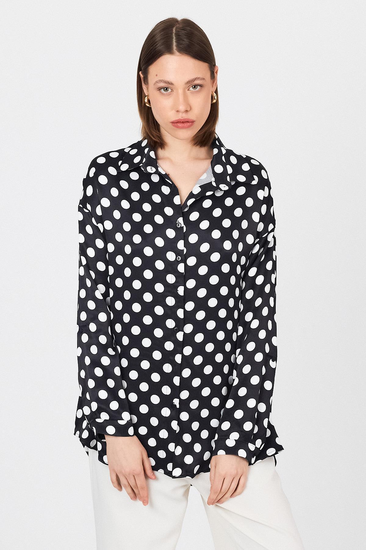 Siyah Puantiye Desen Oversize Saten Gömlek 9411 - 3