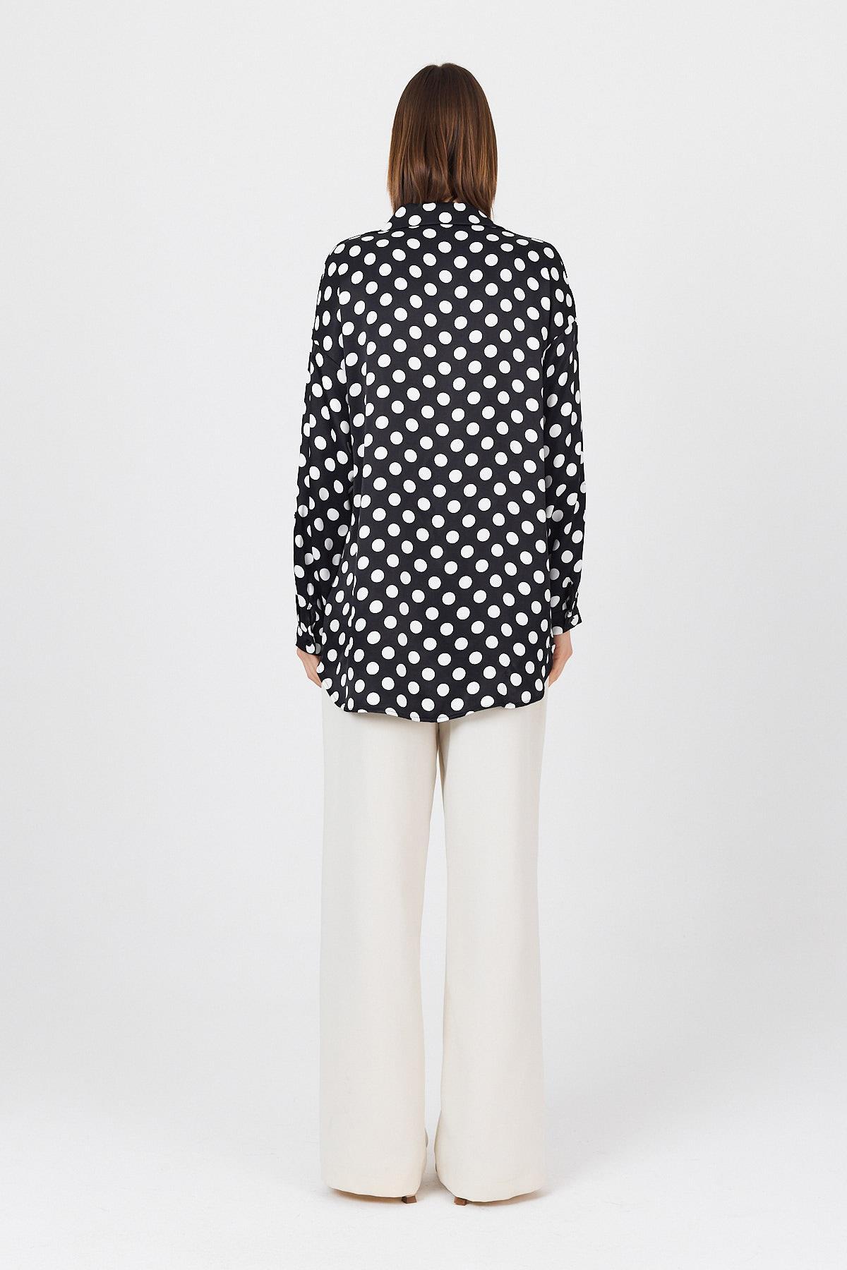 Siyah Puantiye Desen Oversize Saten Gömlek 9411 - 5