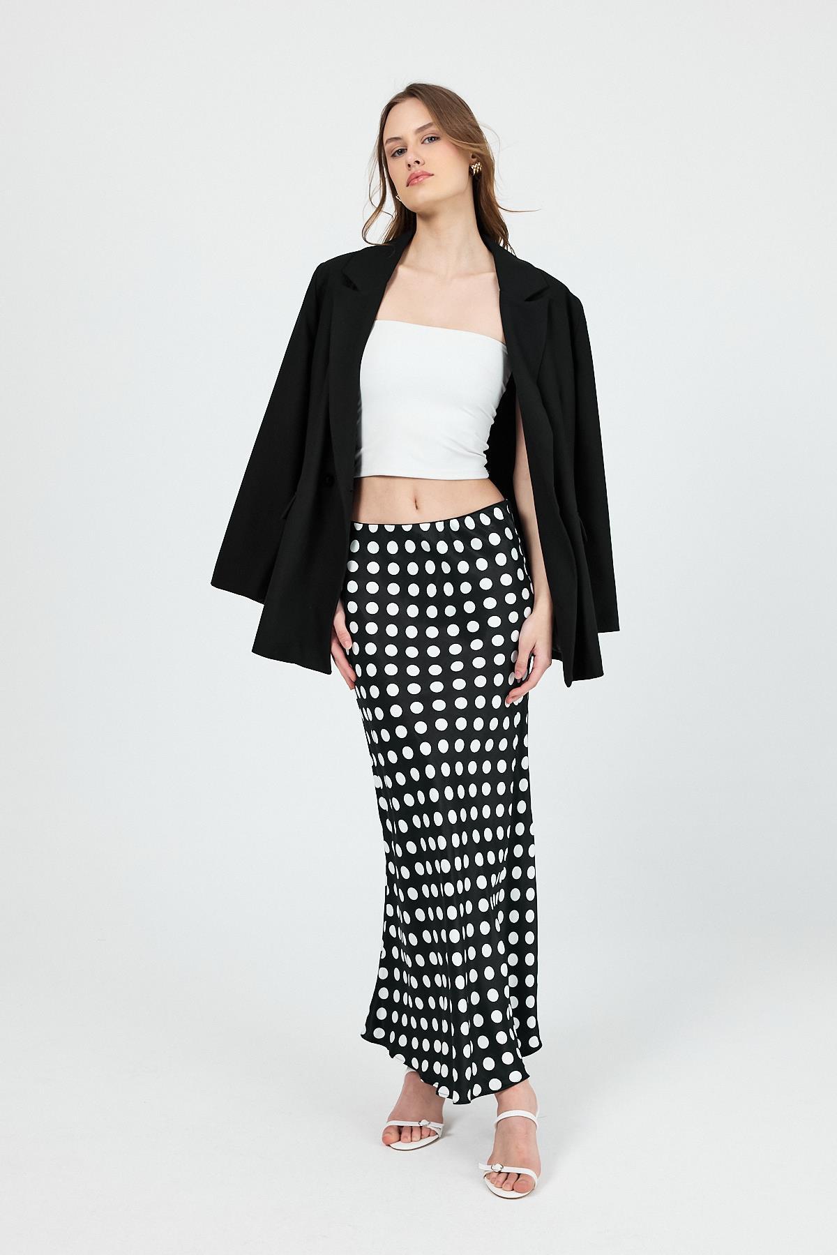 Siyah Puantiye Desen Saten Midi Etek 9416 - 6