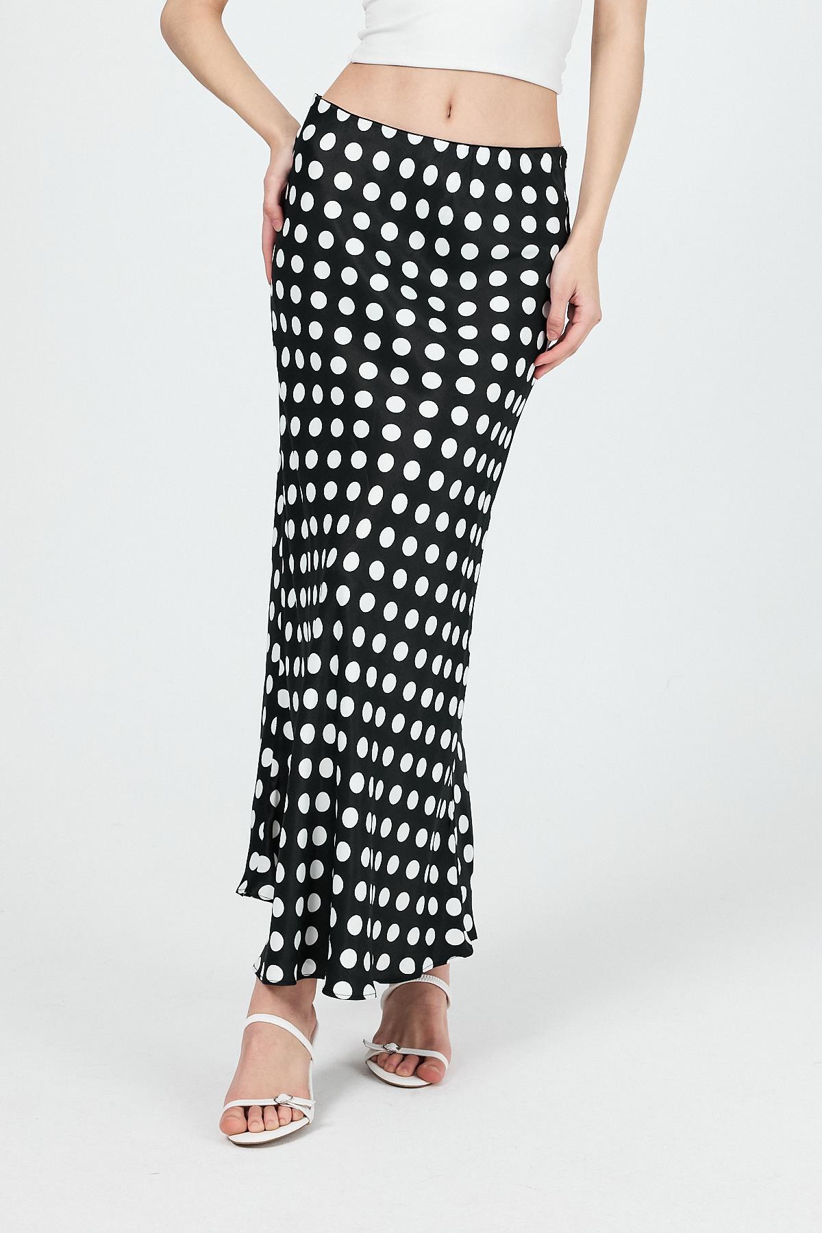 Siyah Puantiye Desen Saten Midi Etek 9416 - 3