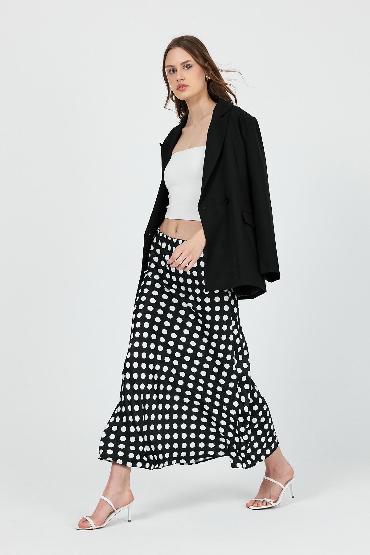 Siyah Puantiye Desen Saten Midi Etek 9416 