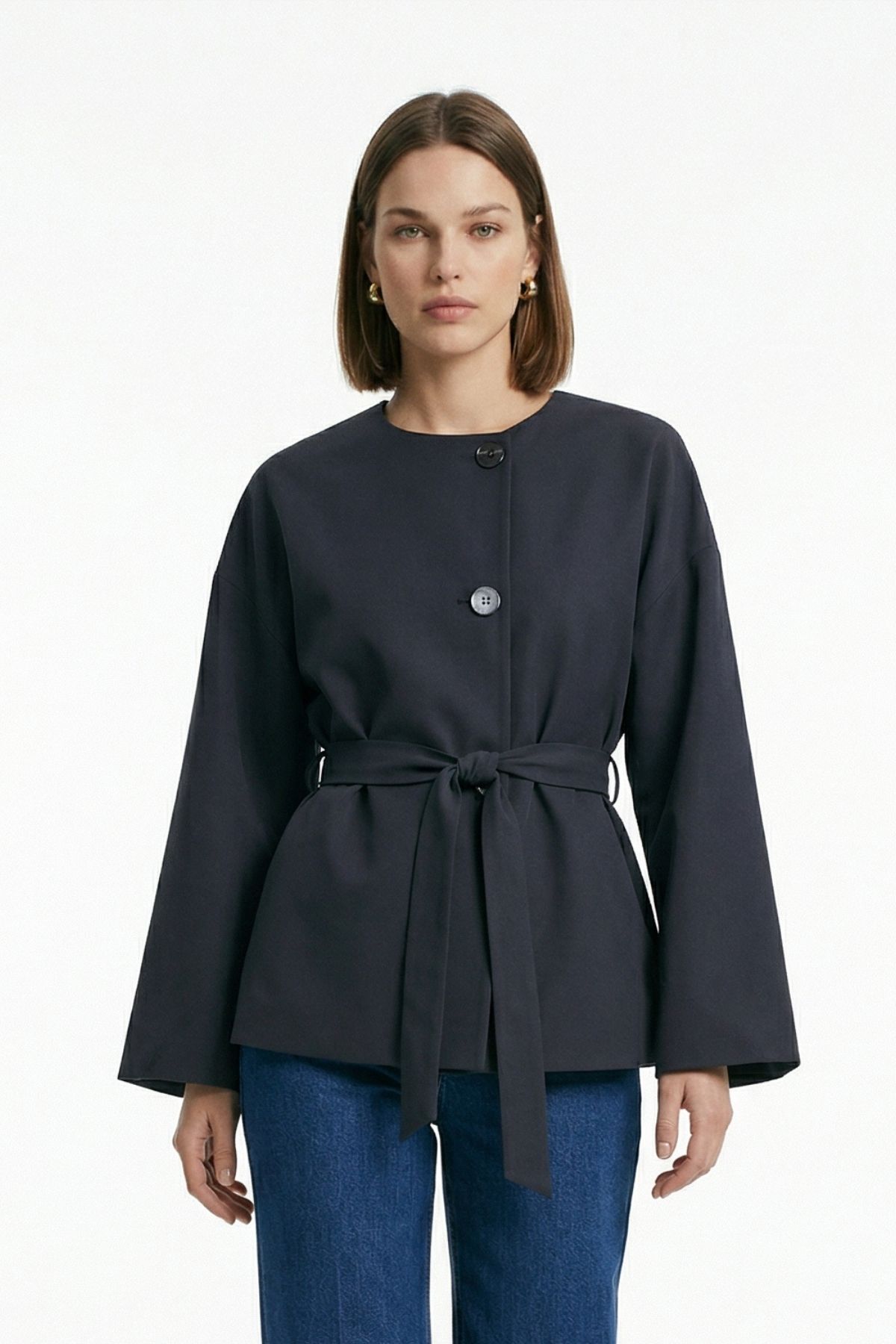 Siyah Regular Fit Bisiklet Yaka Kuşaklı Ceket 7672 - 1