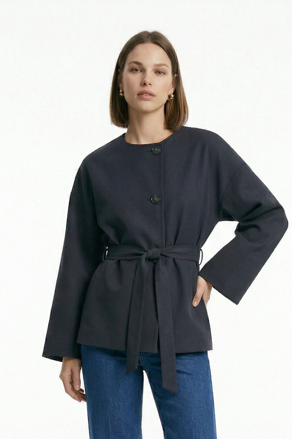 Siyah Regular Fit Bisiklet Yaka Kuşaklı Ceket 7672 - 2