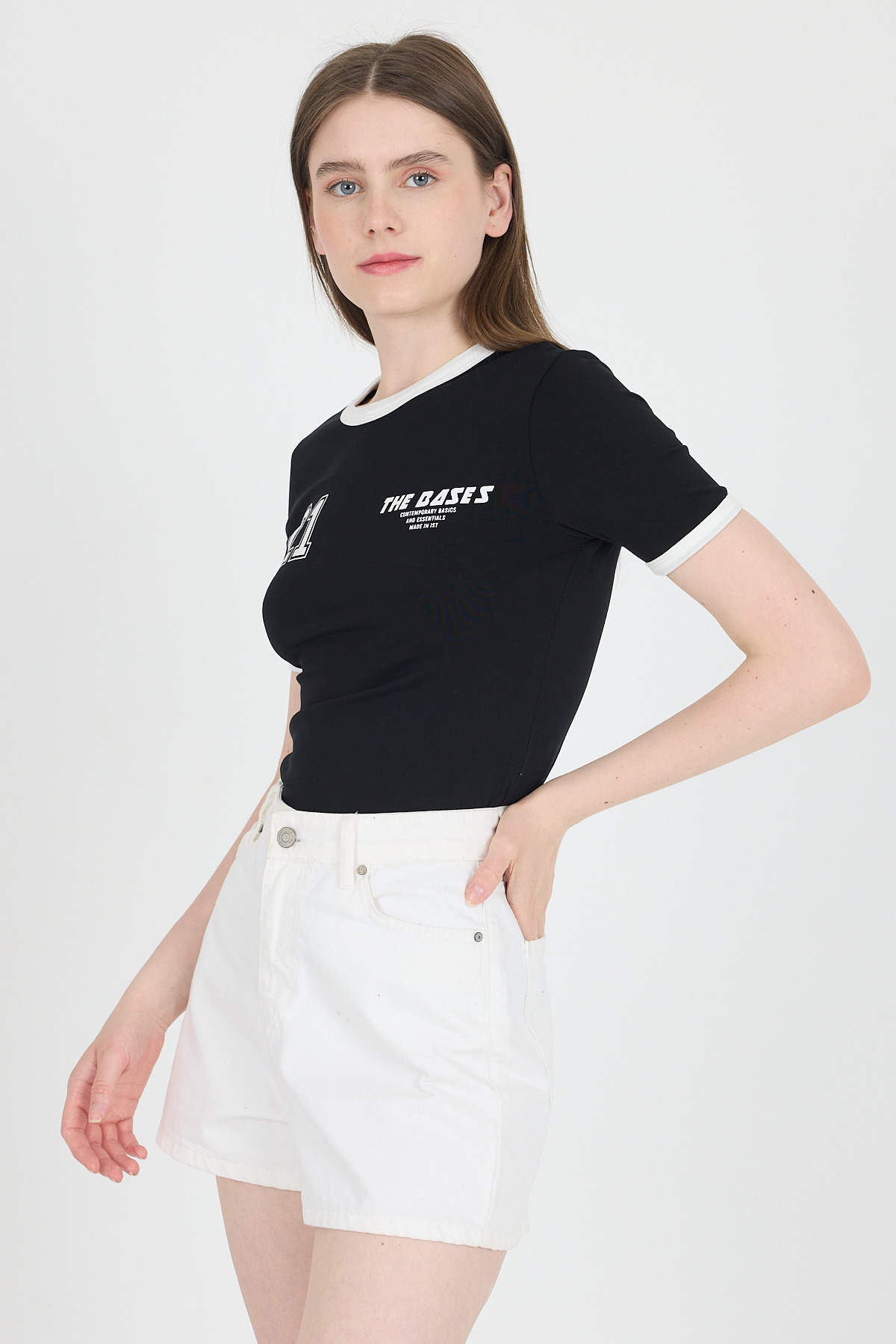 Siyah Ribanalı Yazı Baskılı Slim Fit Tişört 5981 - RAYS