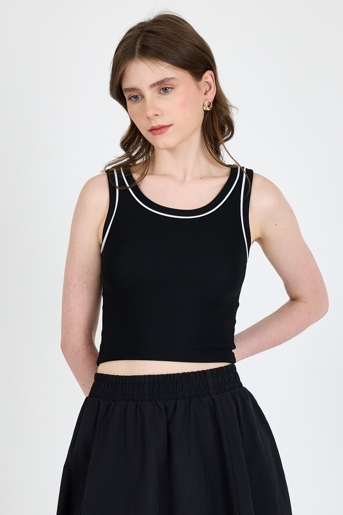 Siyah Şerit Detaylı Örme Crop Atlet 1049 - 2