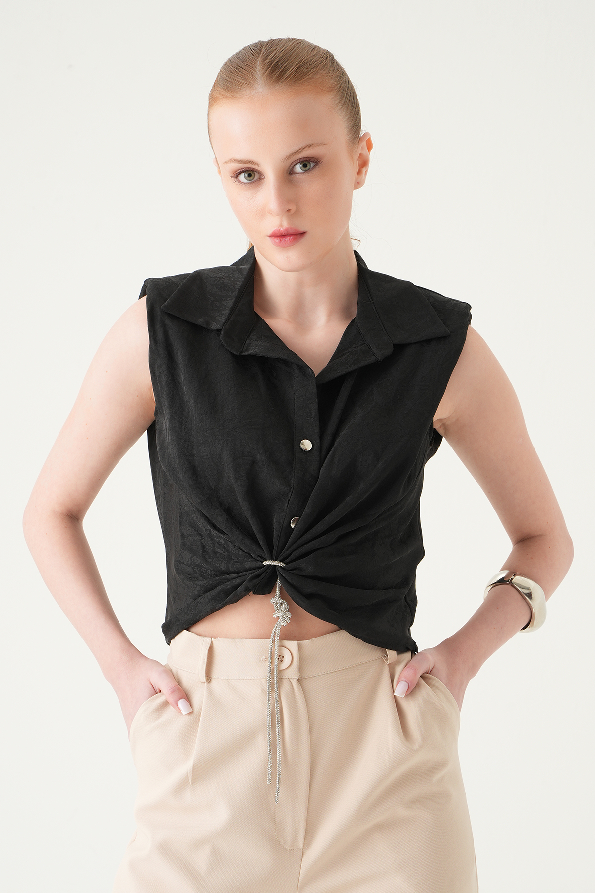 Siyah Sıfır Kol Bağlamalı Gömlek 251166 - 6