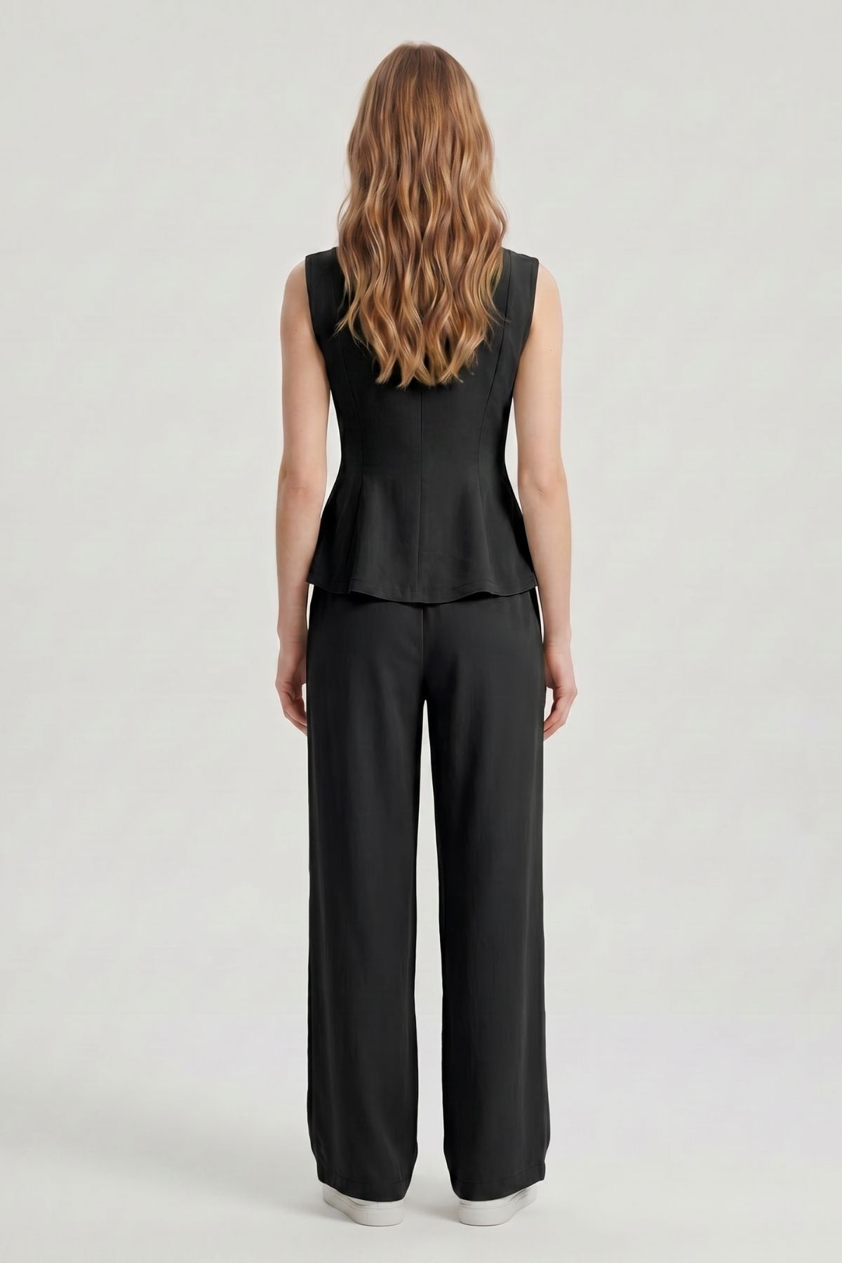 Sıfır Kol Peplum Bluz Bol Paça Pantolon Takım 18007 Siyah - RAYS