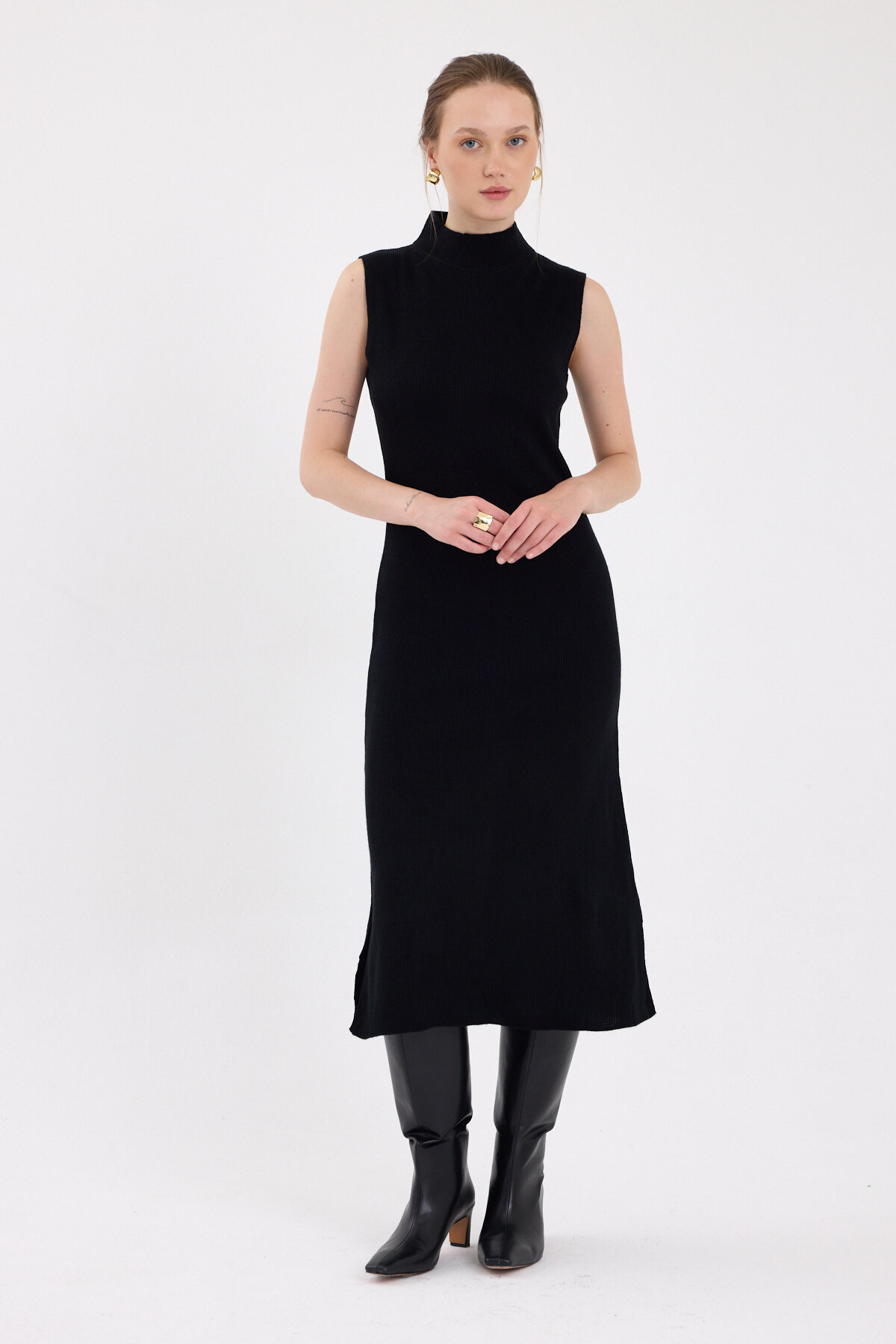 Siyah Sıfır Kol Triko Midi Elbise 2232 - RAYS