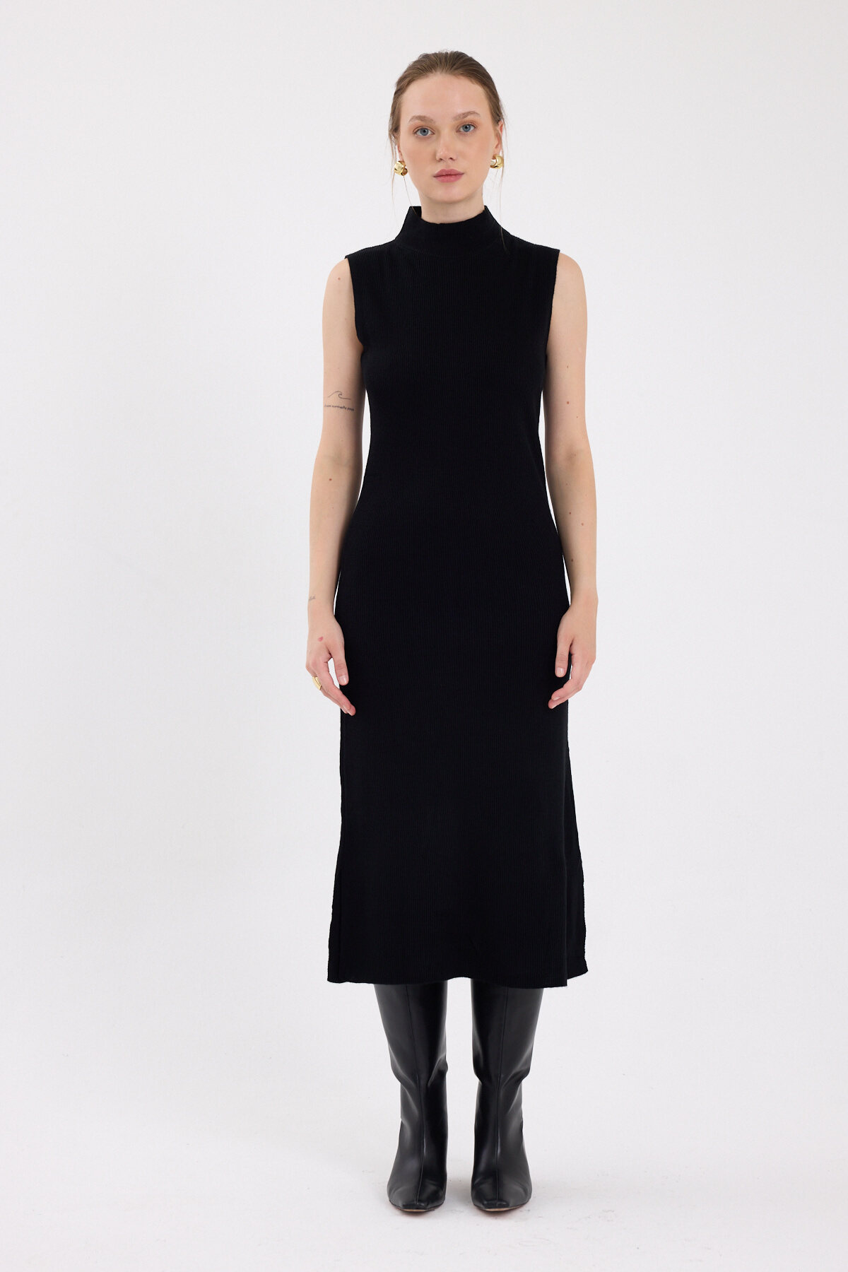 Siyah Sıfır Kol Triko Midi Elbise 2232 - 3