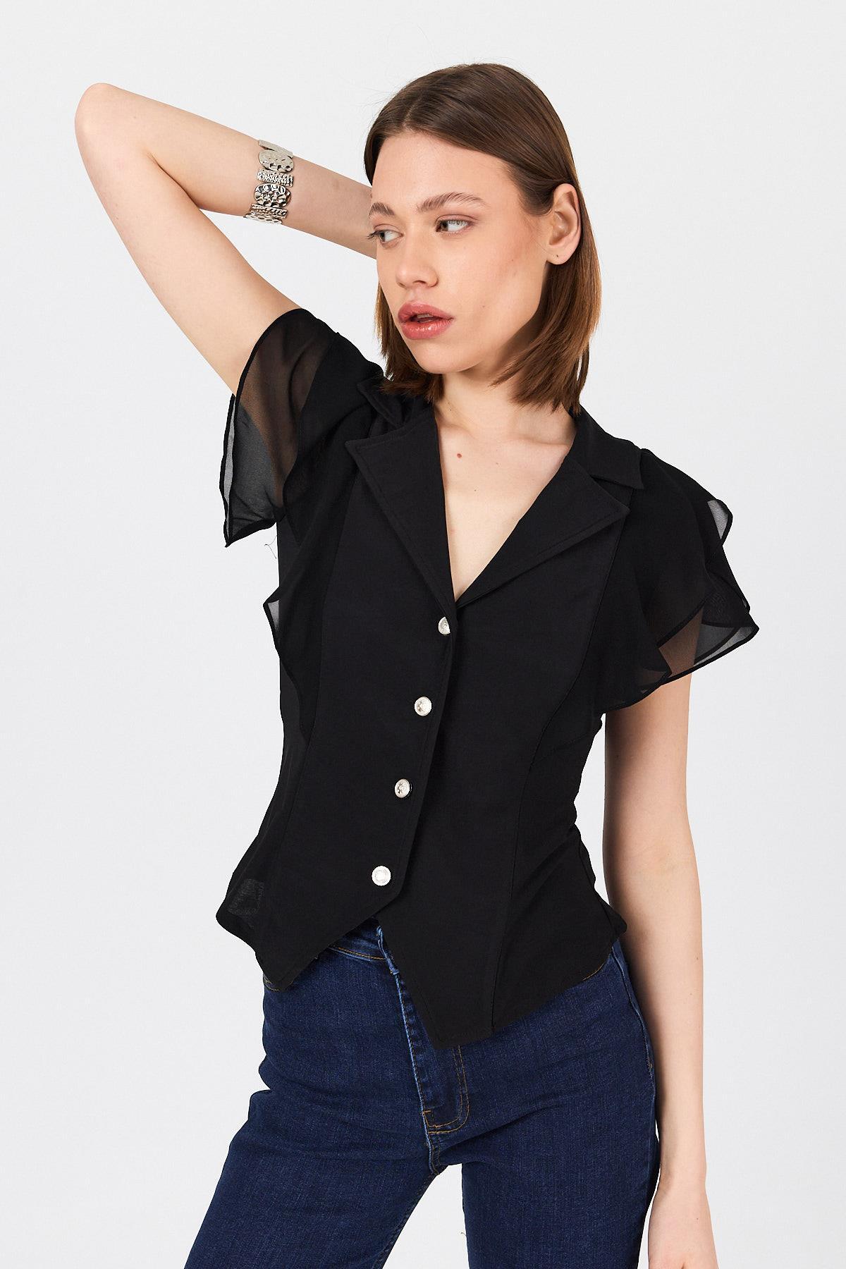 Siyah Şifon Kol Detaylı Fırfırlı Düğmeli Bluz 9477 - RAYS