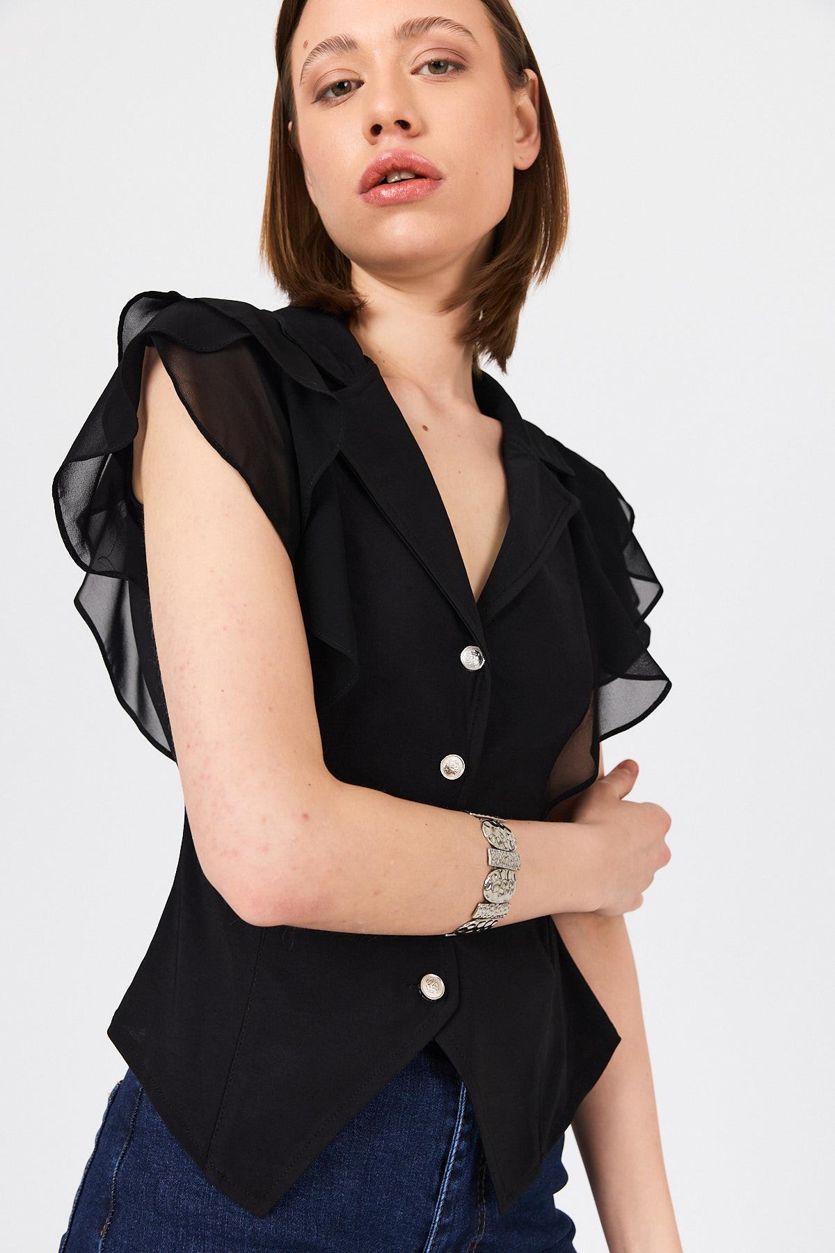 Siyah Şifon Kol Detaylı Fırfırlı Düğmeli Bluz 9477 - 4