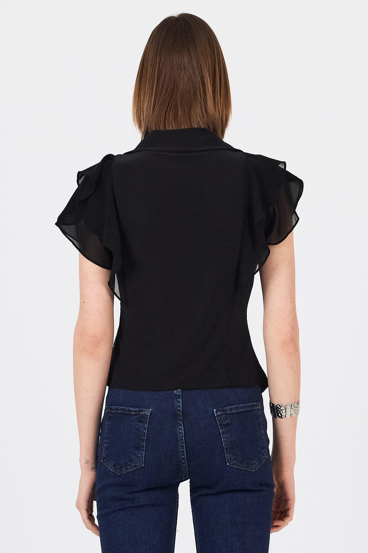 Siyah Şifon Kol Detaylı Fırfırlı Düğmeli Bluz 9477 - 5
