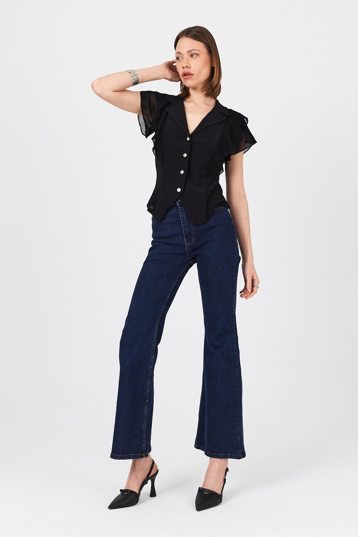 Siyah Şifon Kol Detaylı Fırfırlı Düğmeli Bluz 9477 - 2