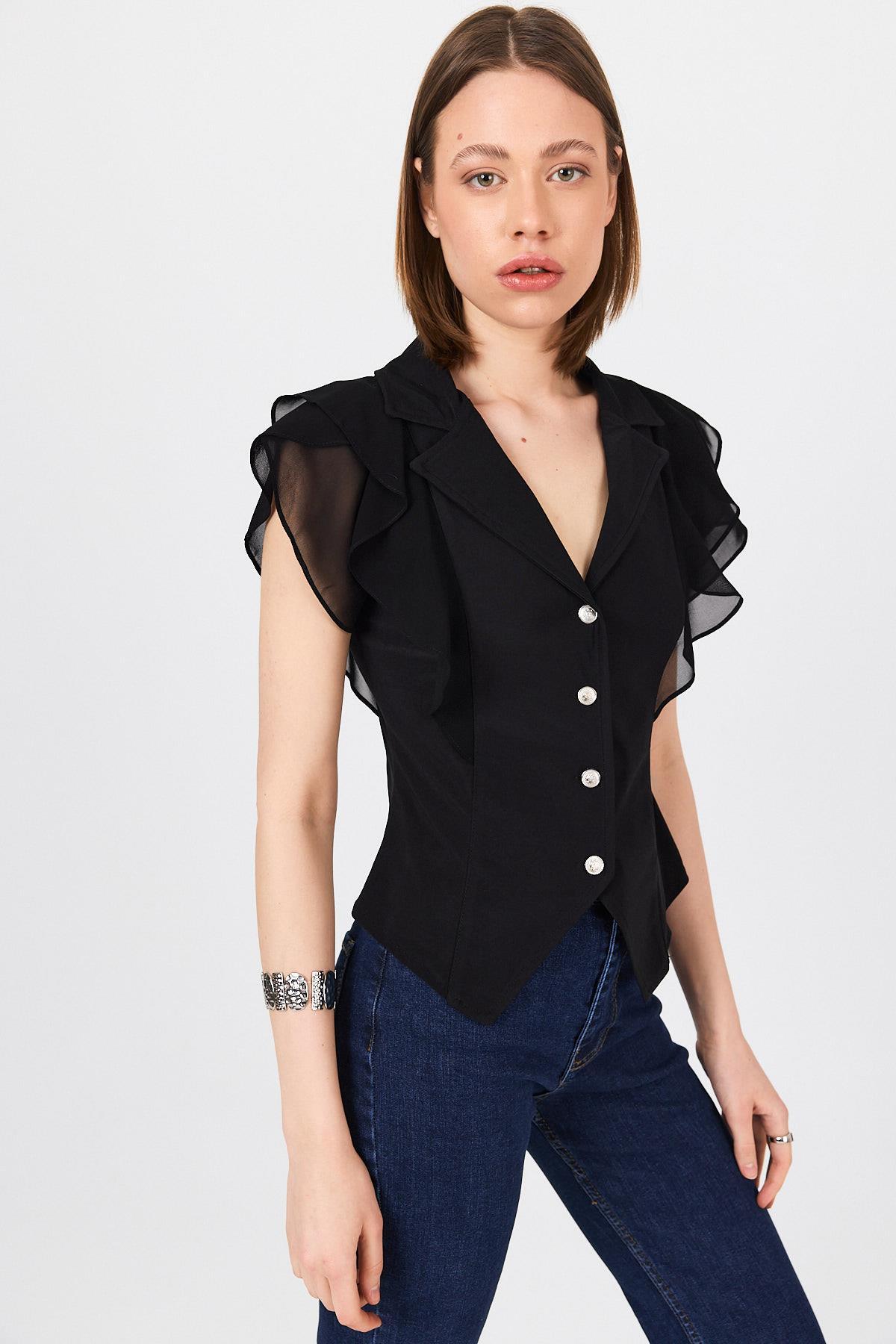 Siyah Şifon Kol Detaylı Fırfırlı Düğmeli Bluz 9477 - 6