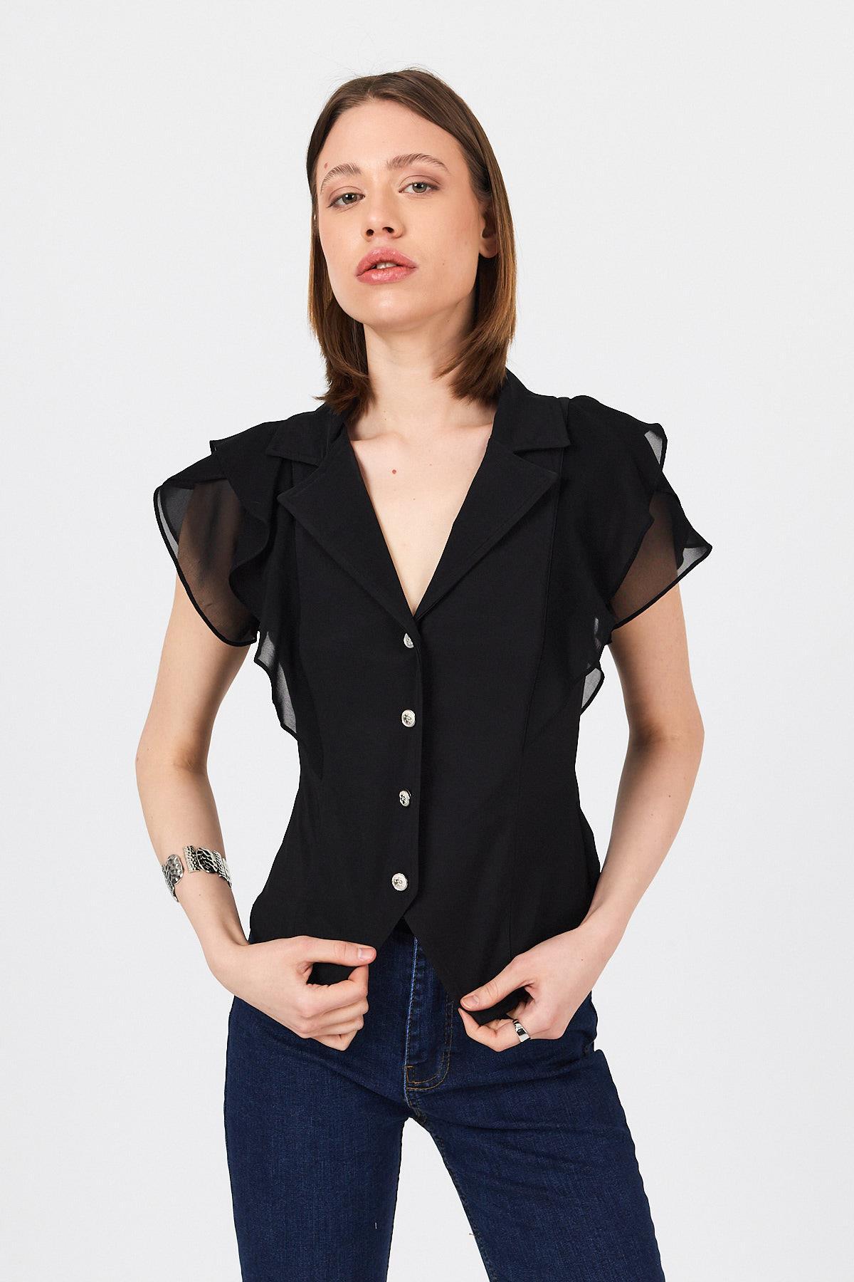 Siyah Şifon Kol Detaylı Fırfırlı Düğmeli Bluz 9477 - 1