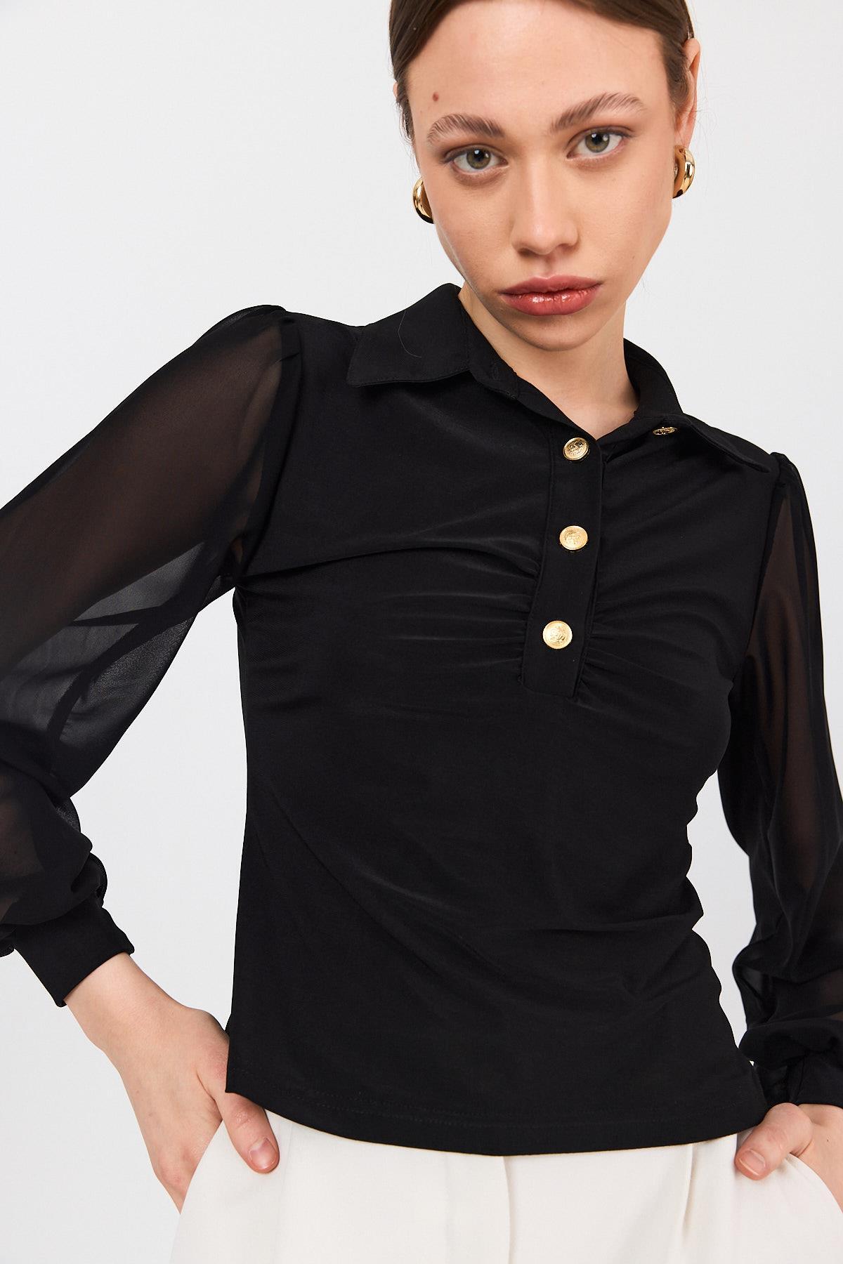 Siyah Şifon Kollu Gömlek Yaka Düğmeli Bluz 9478 - RAYS